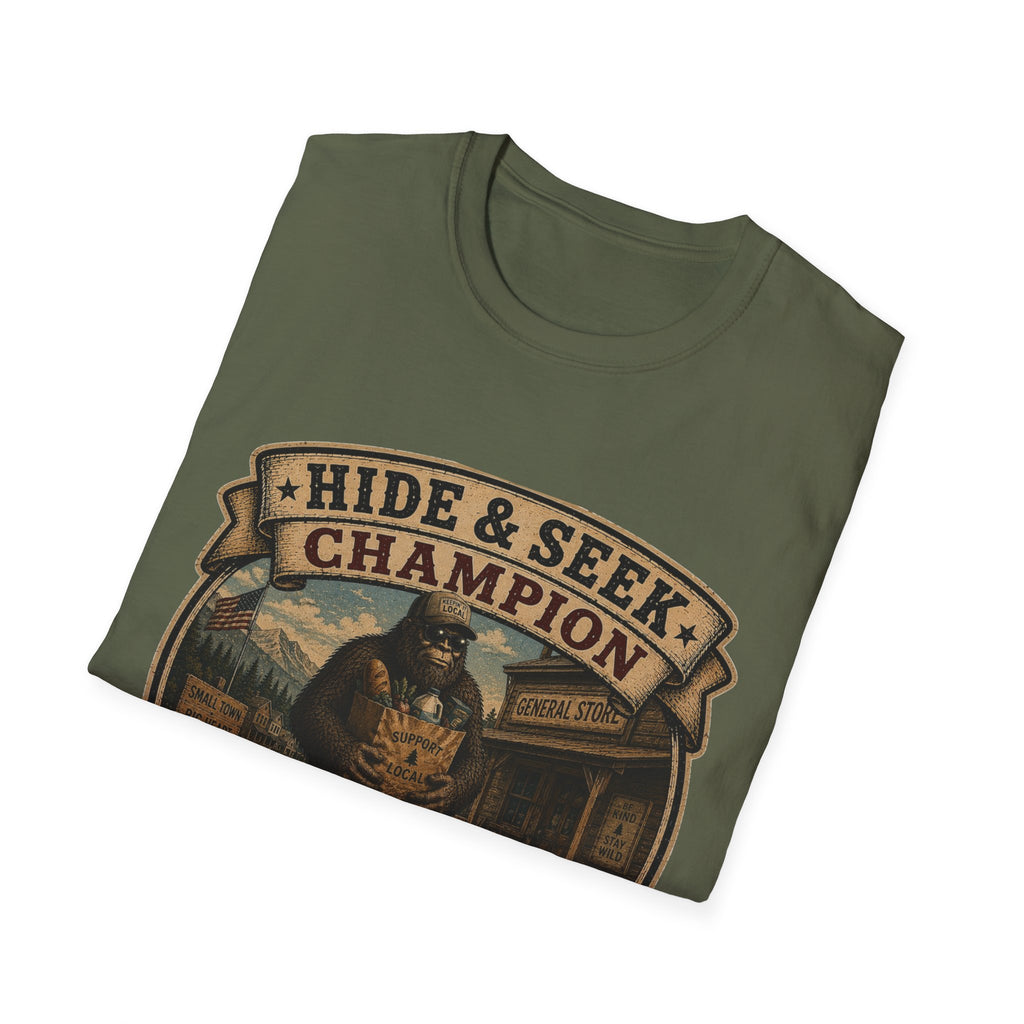 Hide & Seek Champion T-Shirt — Bigfoot Sasquatch Vintage Badge Design