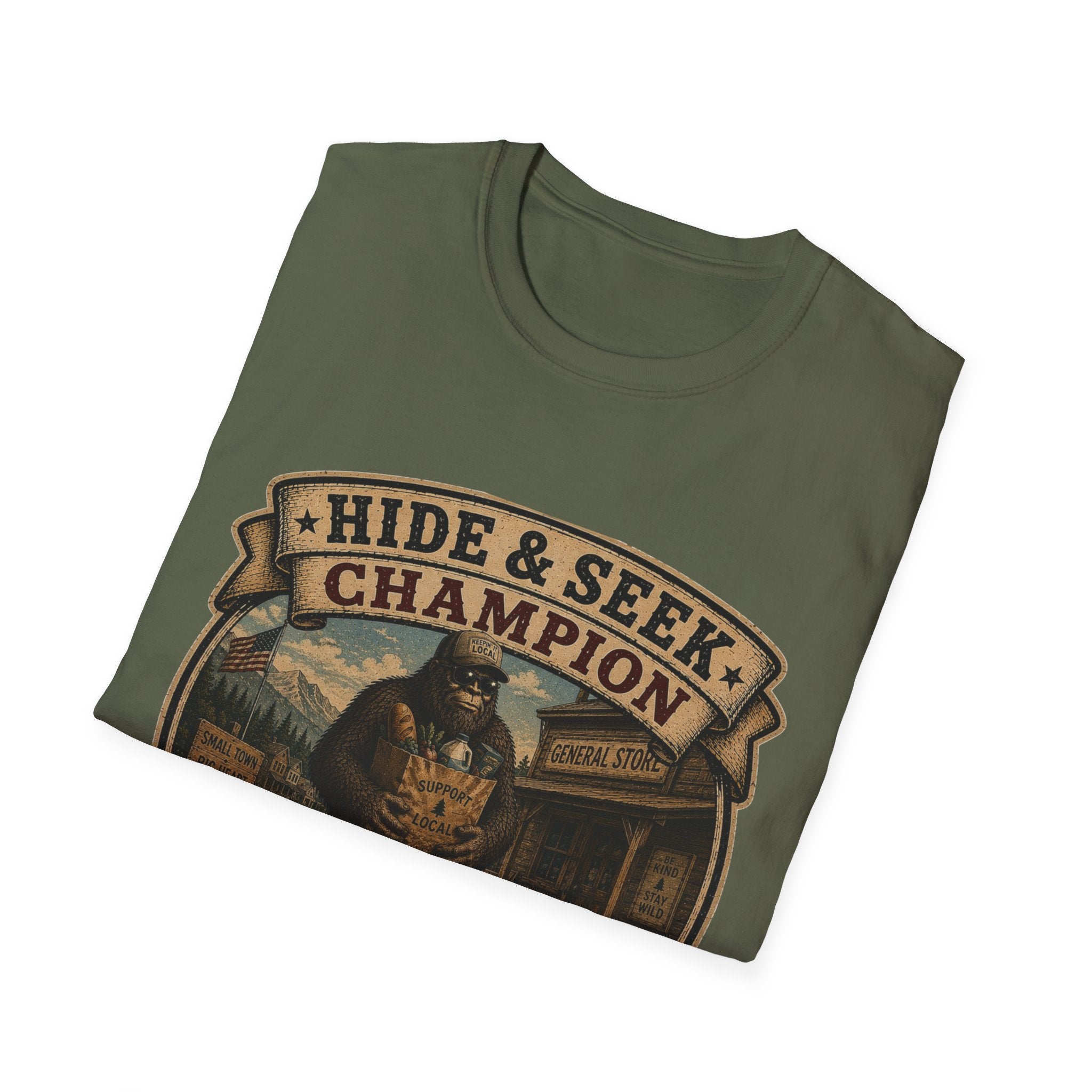 Hide & Seek Champion T-Shirt — Bigfoot Sasquatch Vintage Badge Design