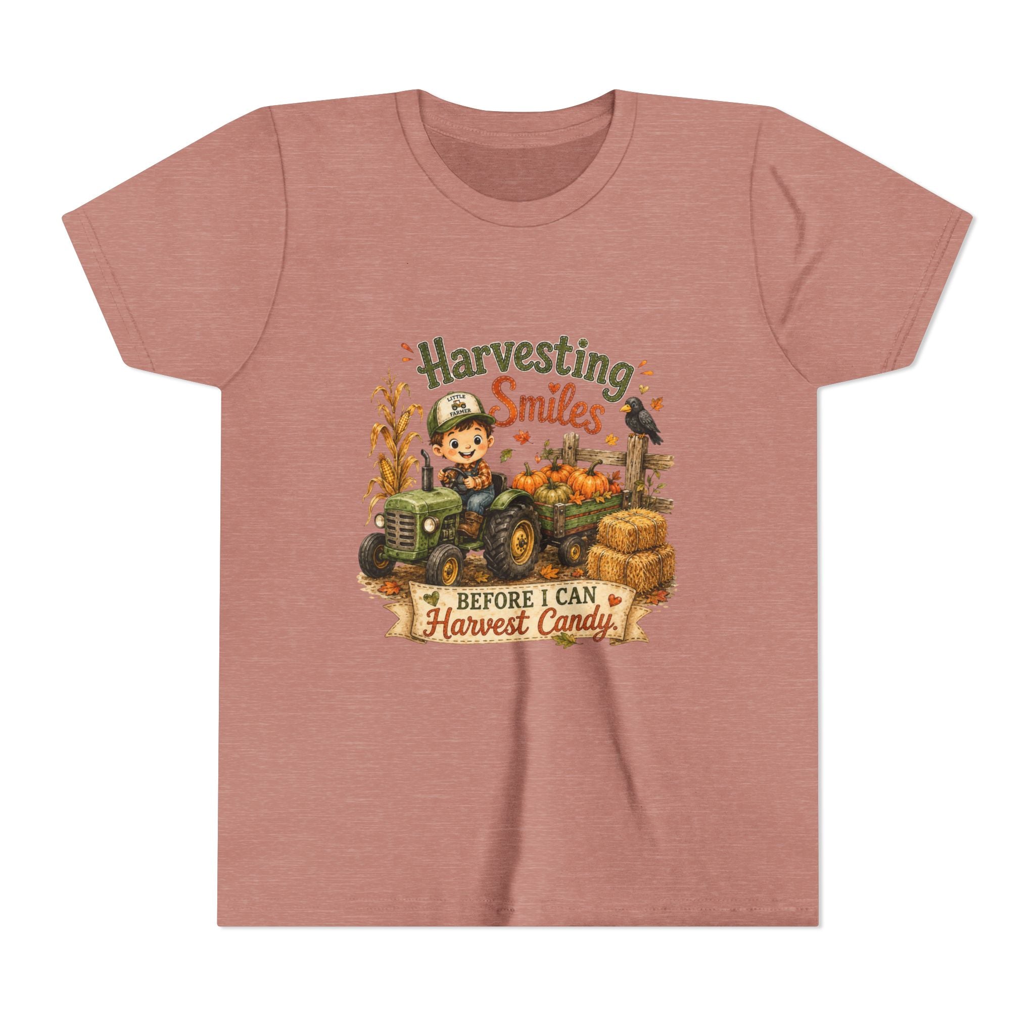 "Harvesting Smiles Before I Can Harvest Candy" Fall Tractor Halloween Kids Shirt — Youth Tee