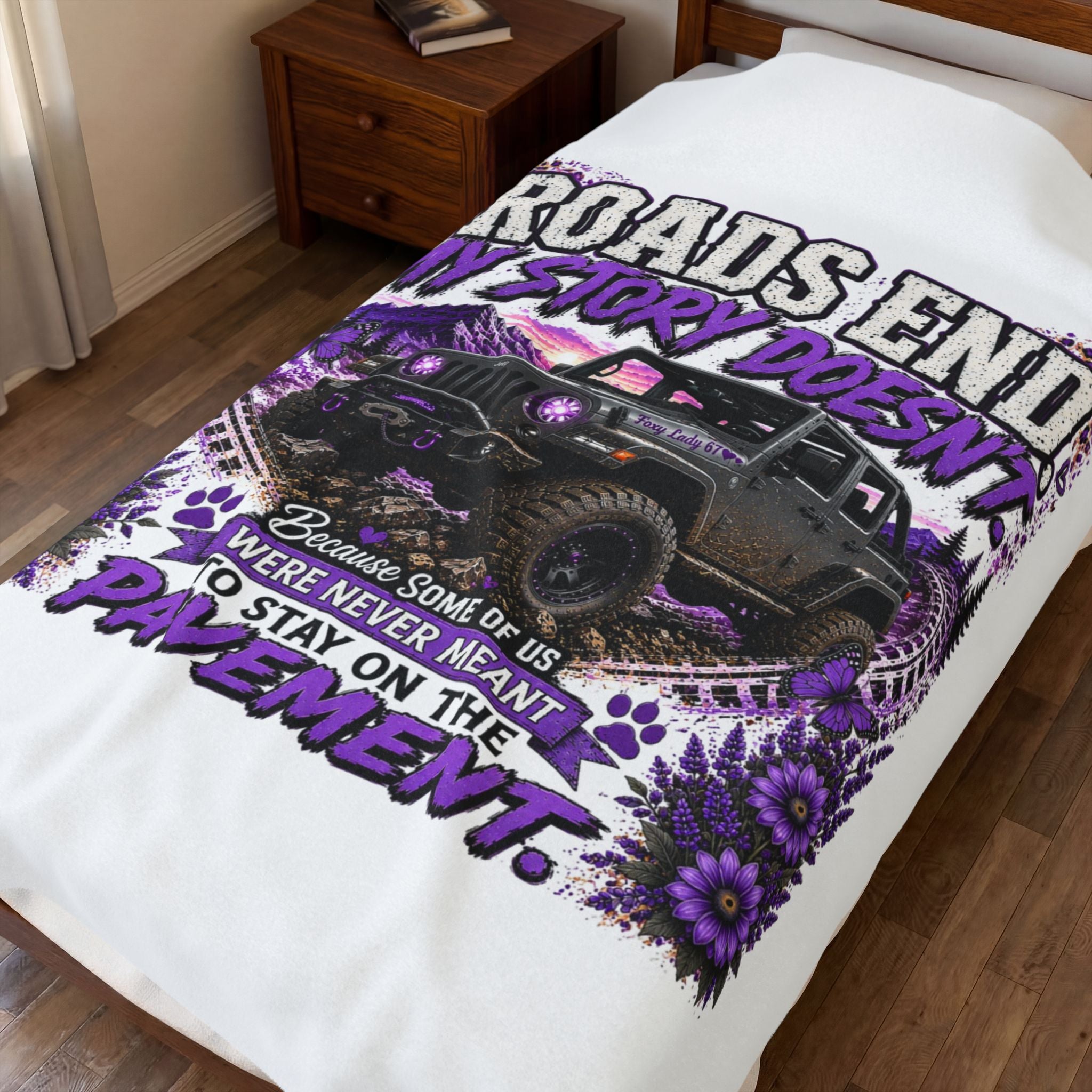 “Roads End, My Story Doesn’t” Adventure Throw (Purple) — Off-Road Jeep Plush Blanket