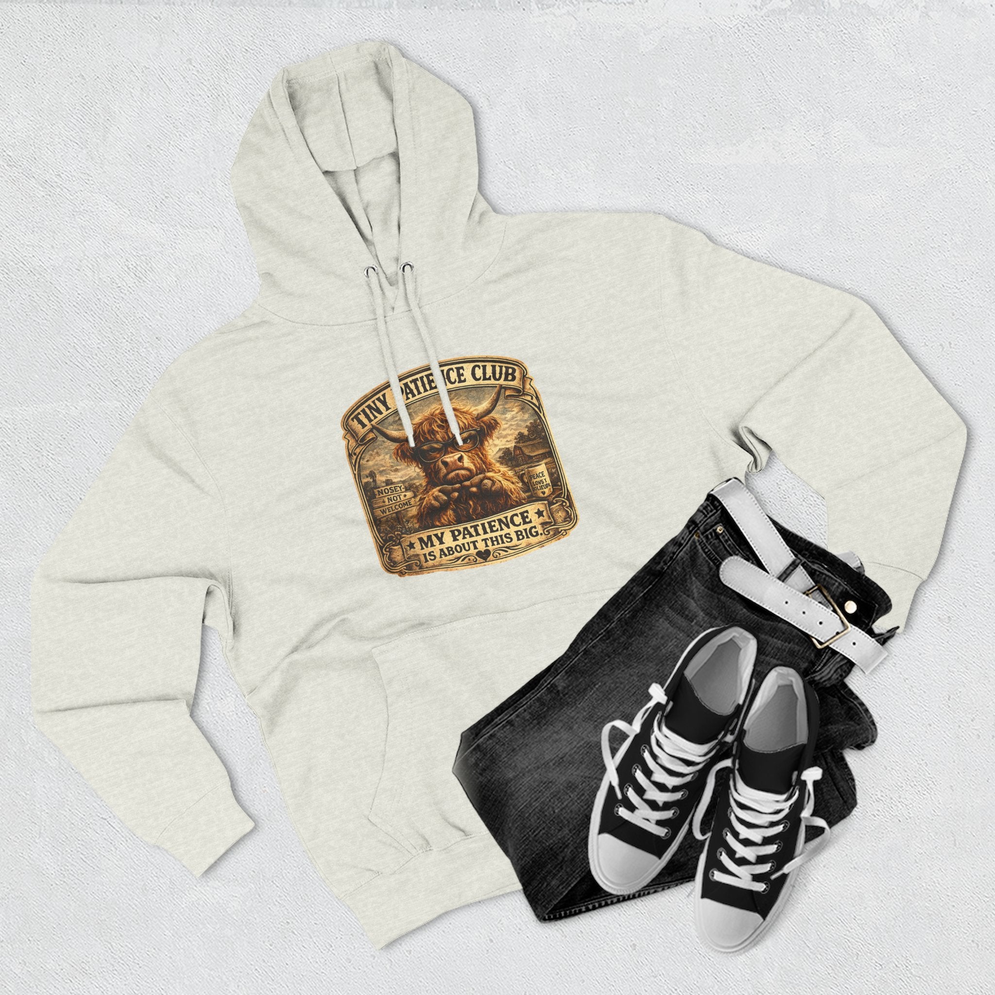 Tiny Patience Club Highland Cow Three-Panel Fleece Hoodie