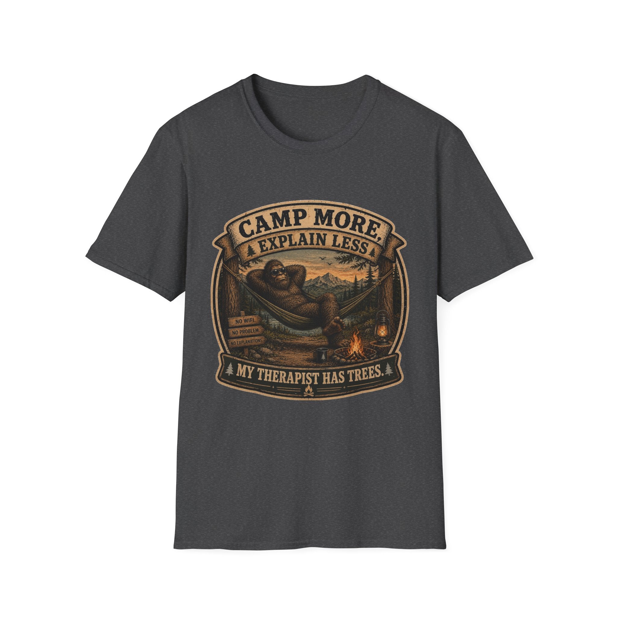 “Camp More, Explain Less” Vintage Camping Graphic Tee — T-Shirt