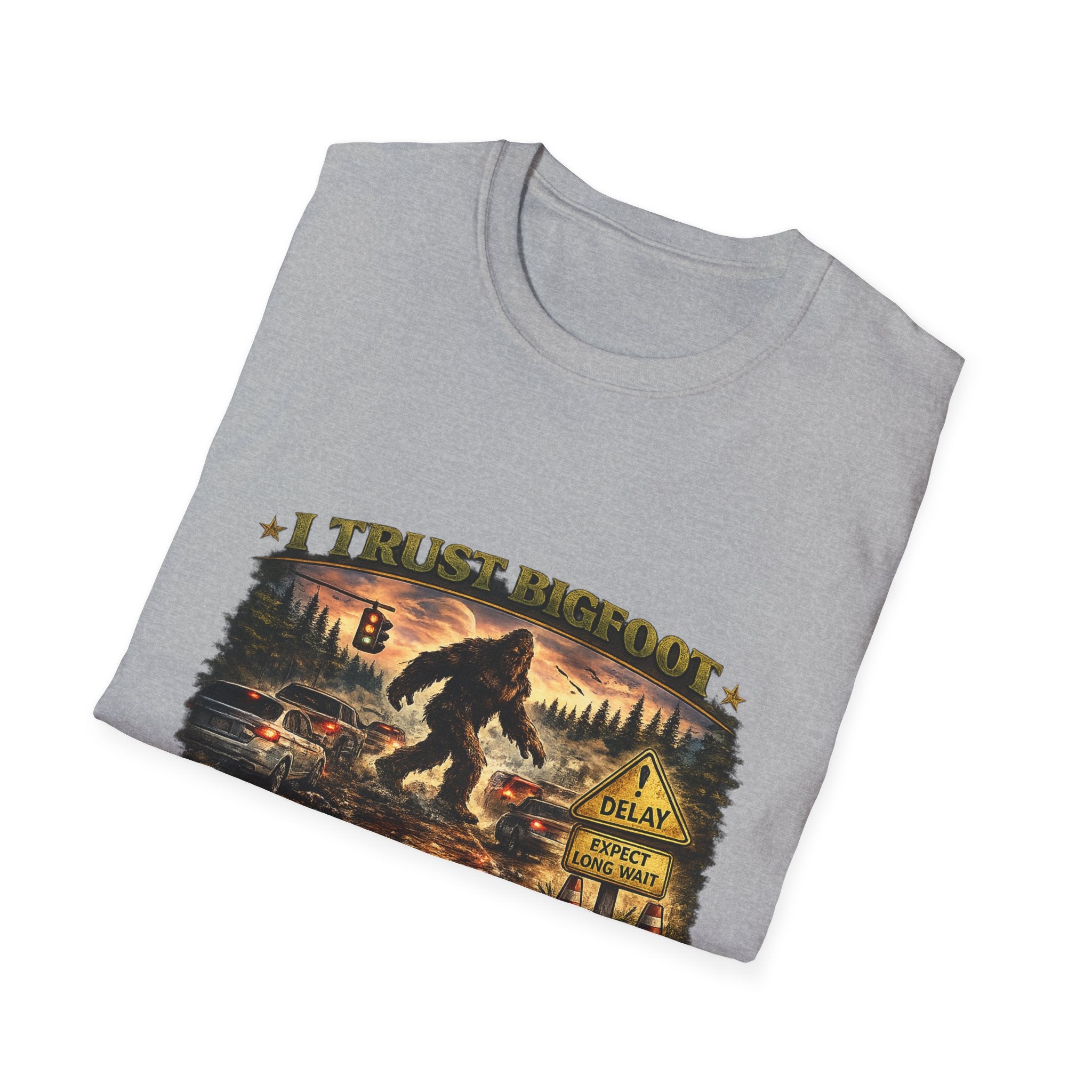 Bigfoot Graphic T-Shirt — "I Trust Bigfoot" Vintage Forest Design
