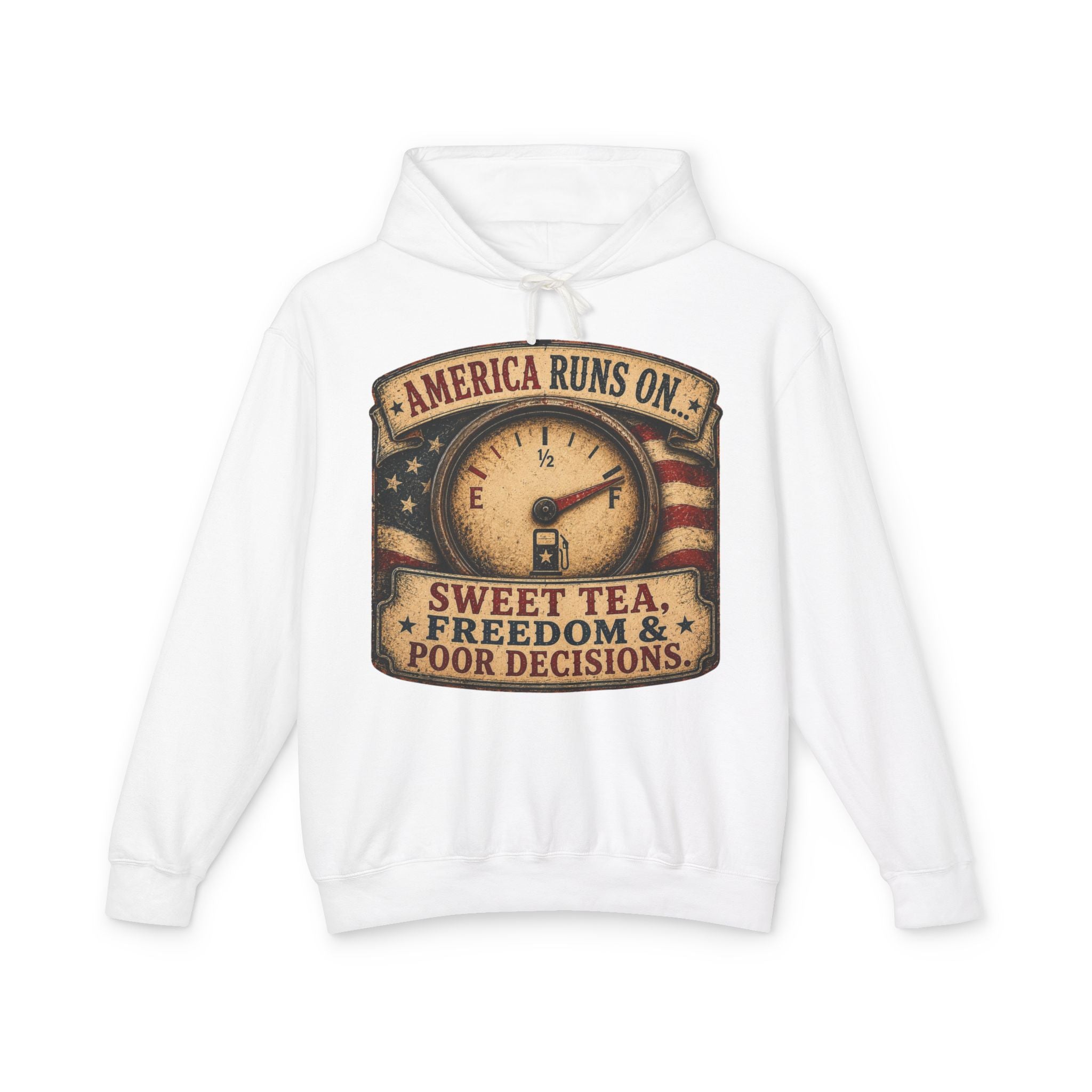 America Runs On Sweet Tea Hoodie — 'Sweet Tea, Freedom & Poor Decisions' Patriotic Pullover