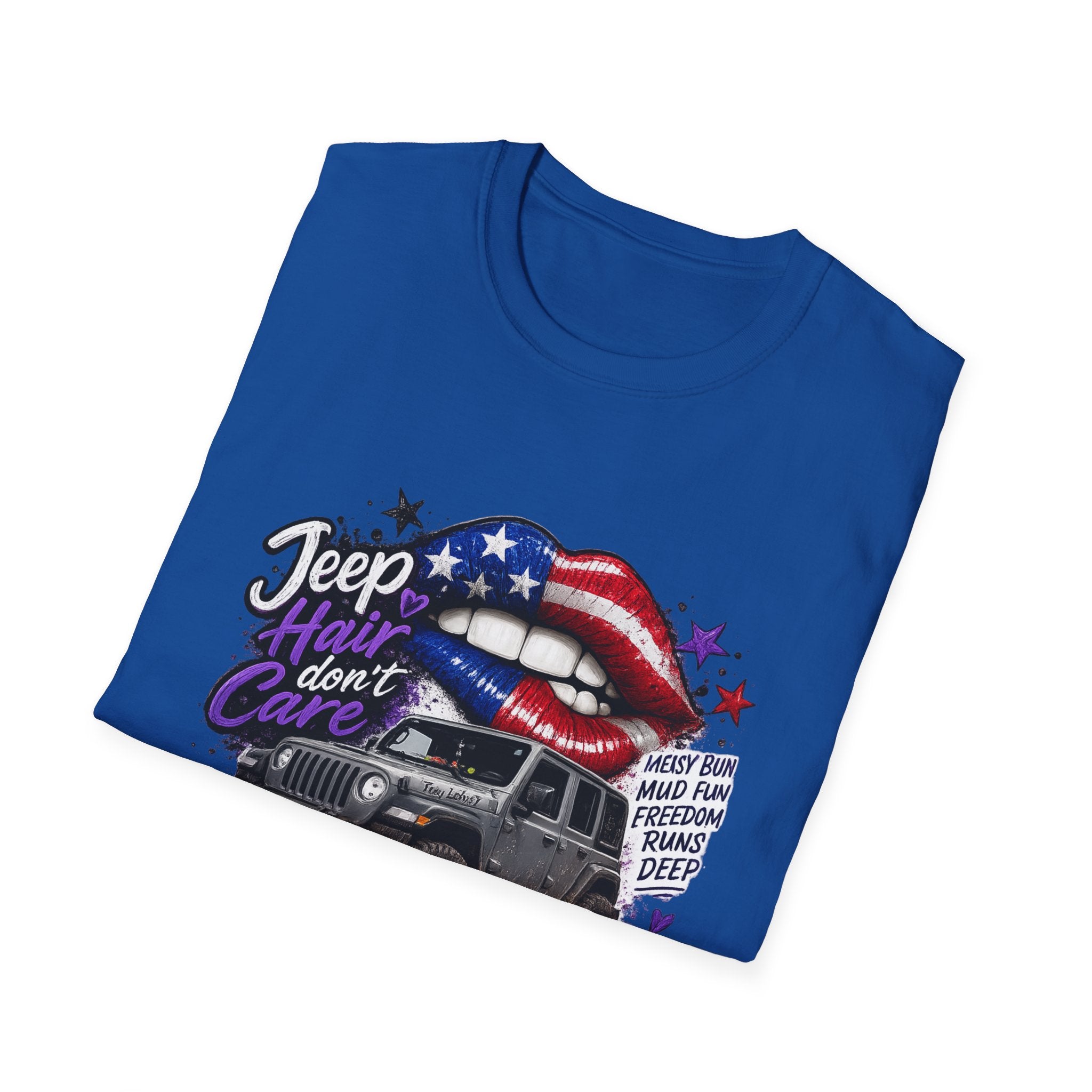 Jeep Hair Don't Care T-Shirt — American Flag Lips Off-Road Truck Tee