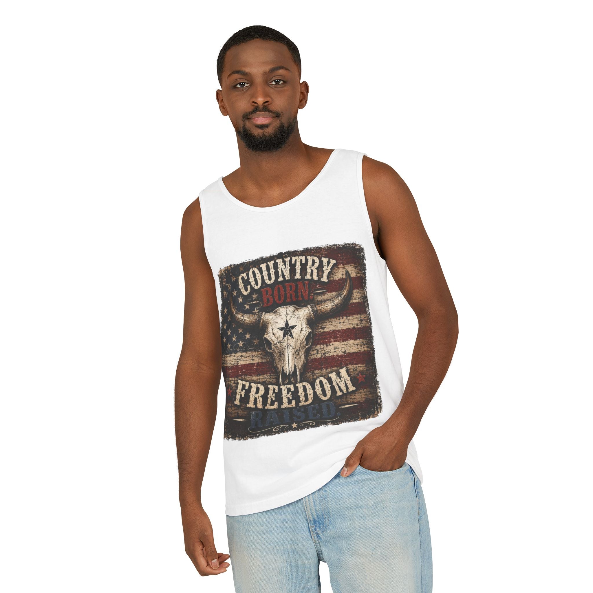 Country Born Freedom Raised Tank Top — Americana Skull Flag Graphic Tank Top