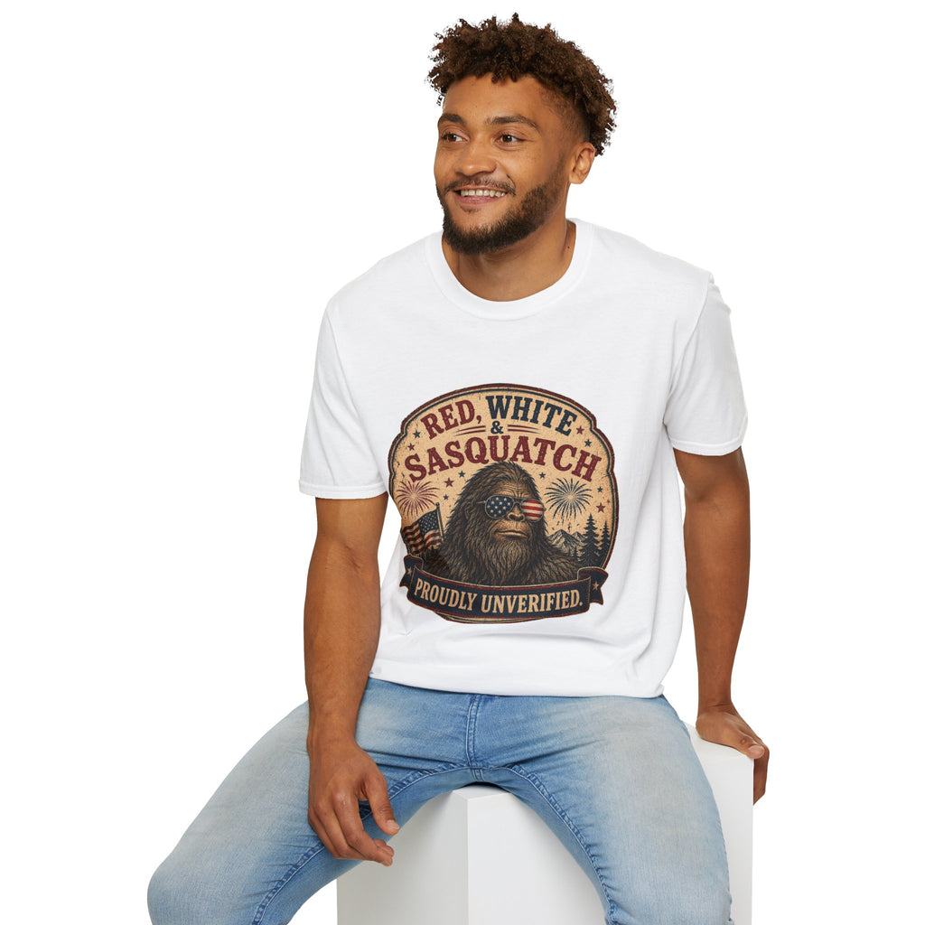 Red, White & Sasquatch T-Shirt — Proudly Unverified Patriotic Tee