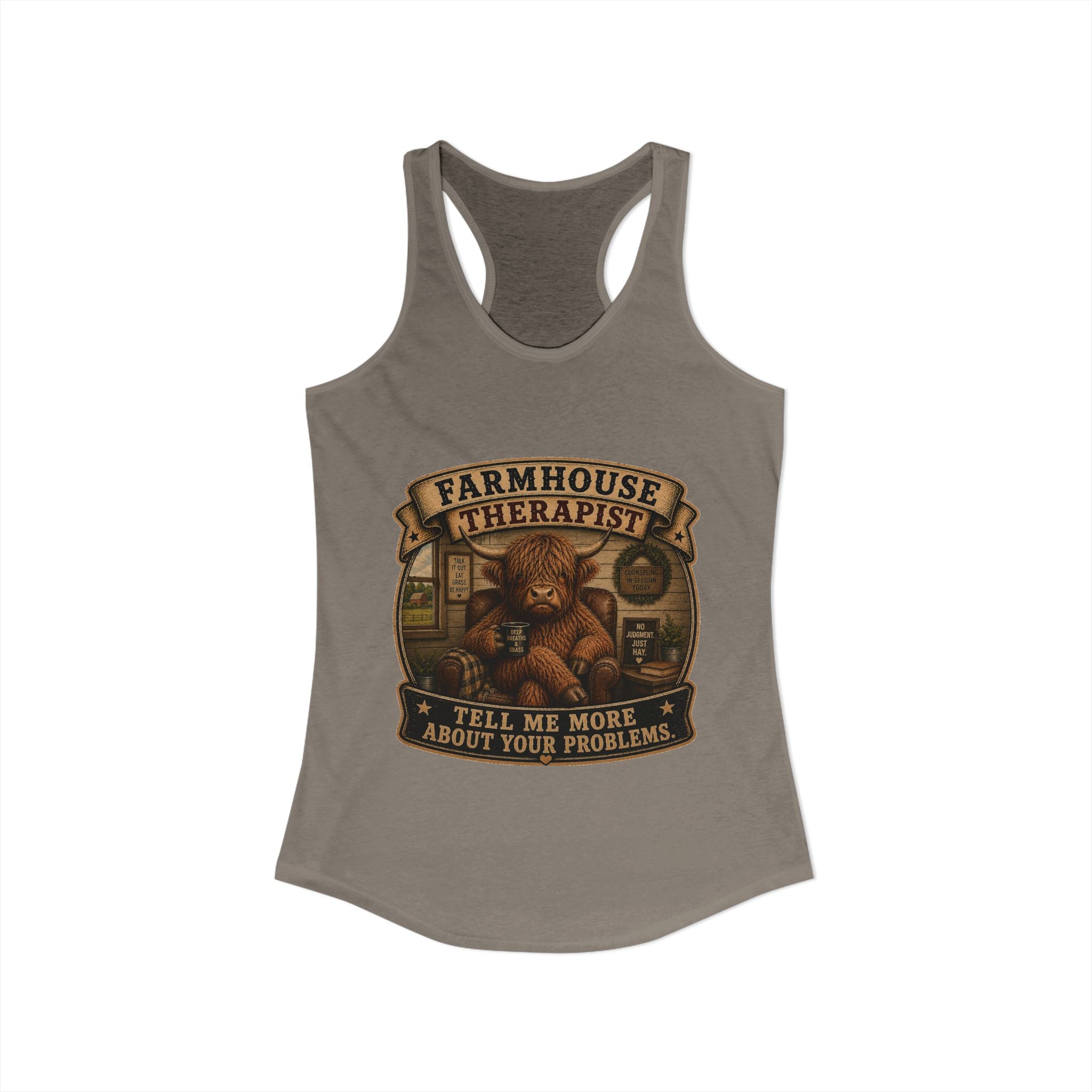 Farmhouse Therapist Highland Cow Women's Ideal Racerback Tank