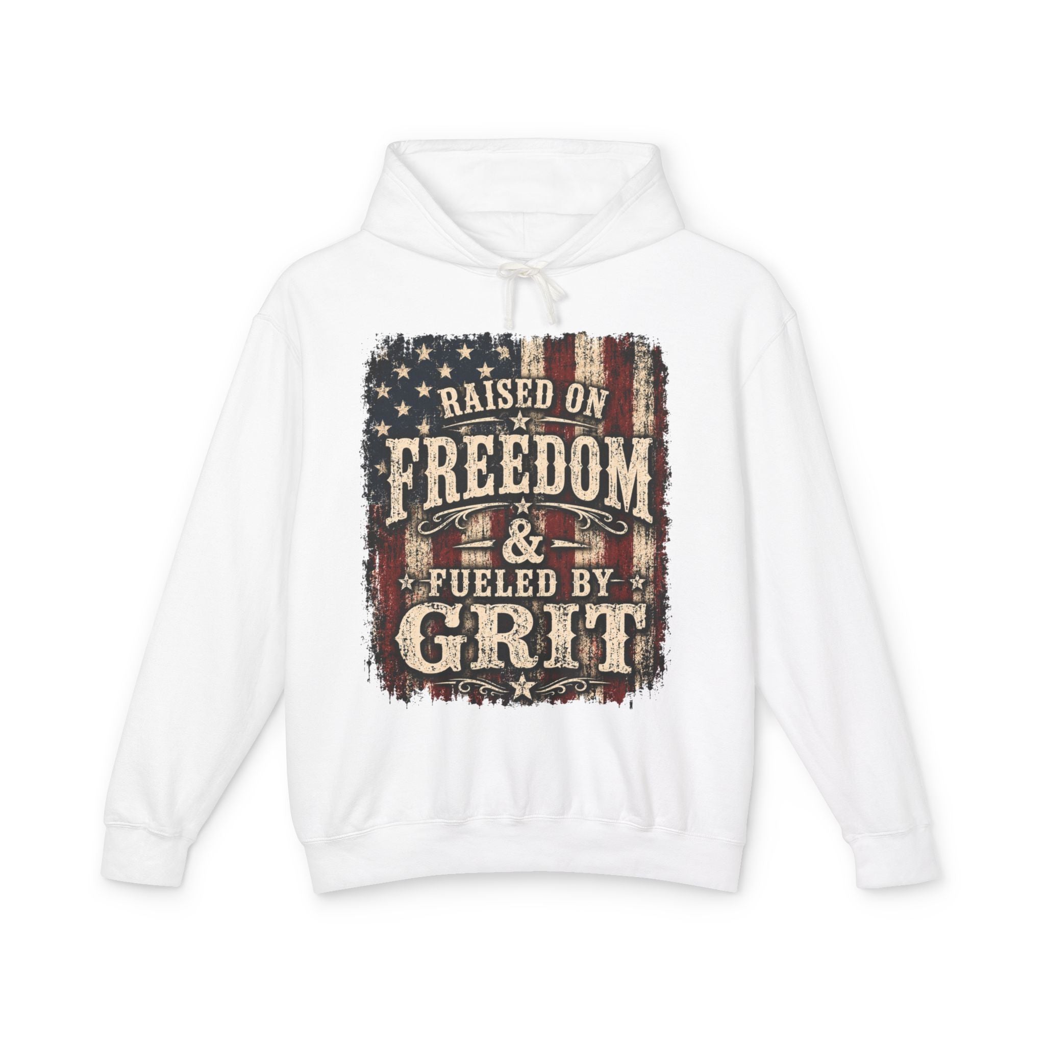 Raised On Freedom & Fueled By Grit Hoodie — Patriotic American Flag Pullover