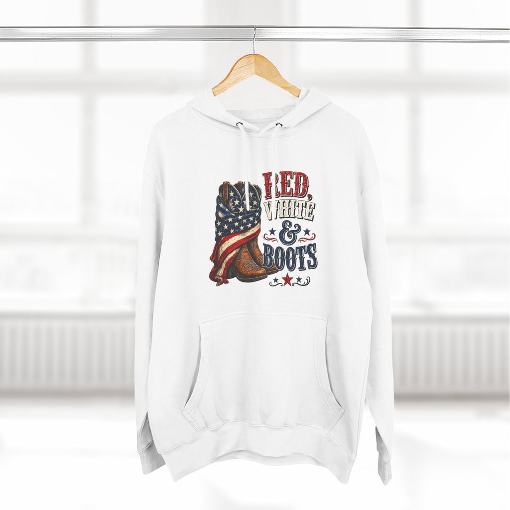 Patriotic 'Red White & Boots' Hoodie — American Flag Cowboy Boots Pullover