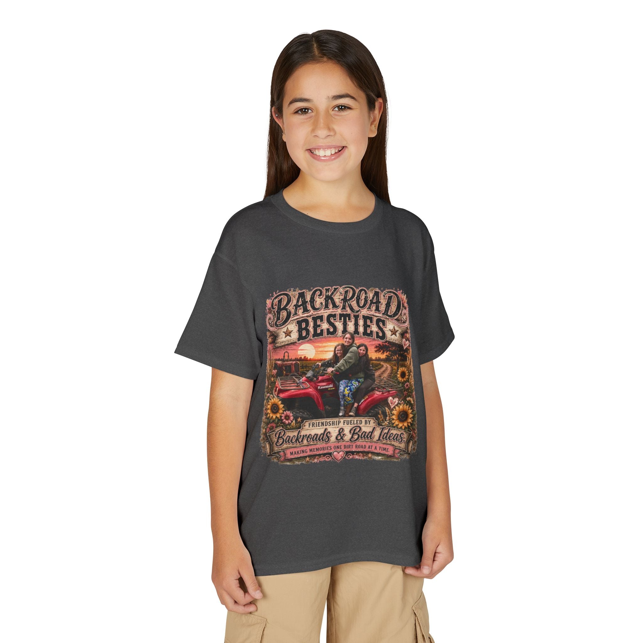 Backroad Besties Youth T‑Shirt — Vintage Tractor Sunset Kids Tee