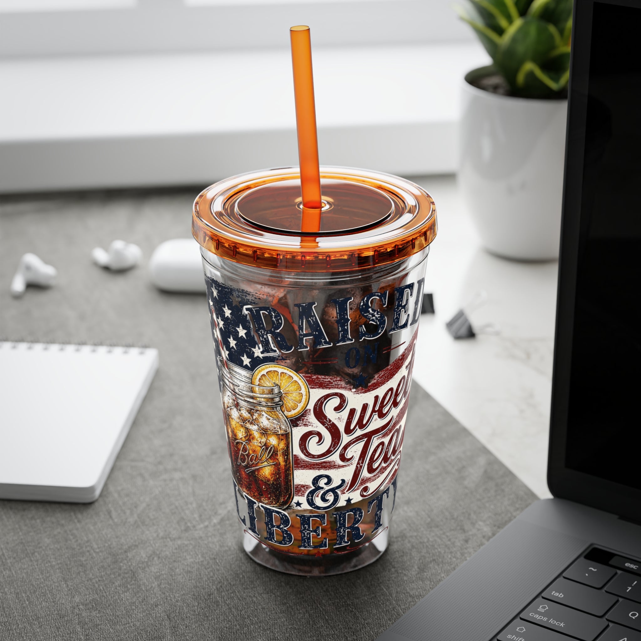 Raised On Sweet Tea & Liberty Sunsplash Tumbler with Straw, 16oz