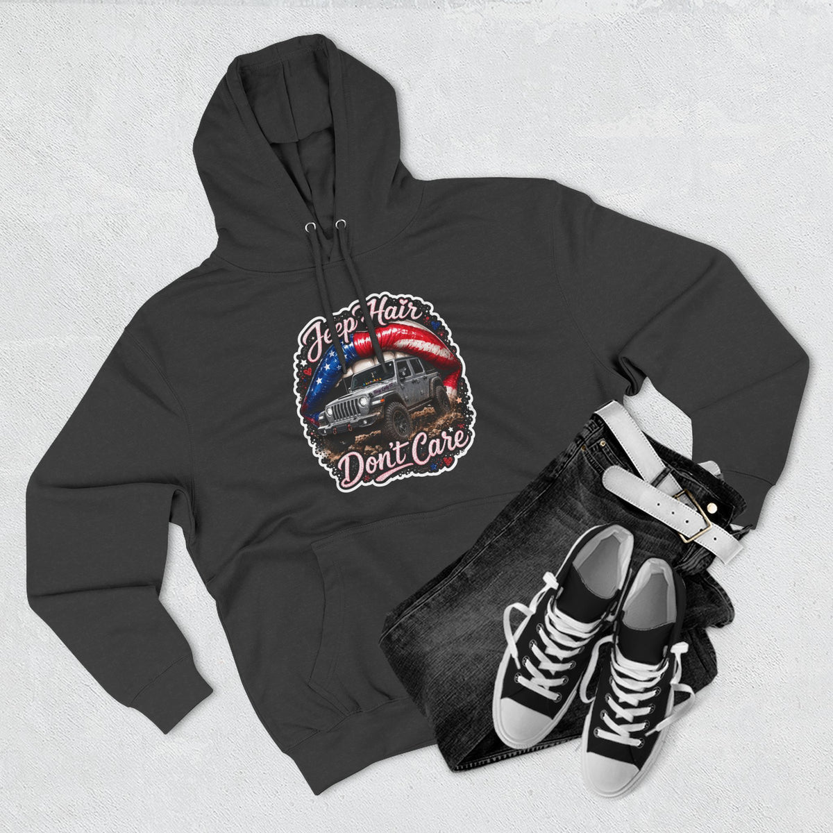 "Jeep Hair Don't Care" Graphic Fleece Pullover - Patriotic Jeep Hoodie