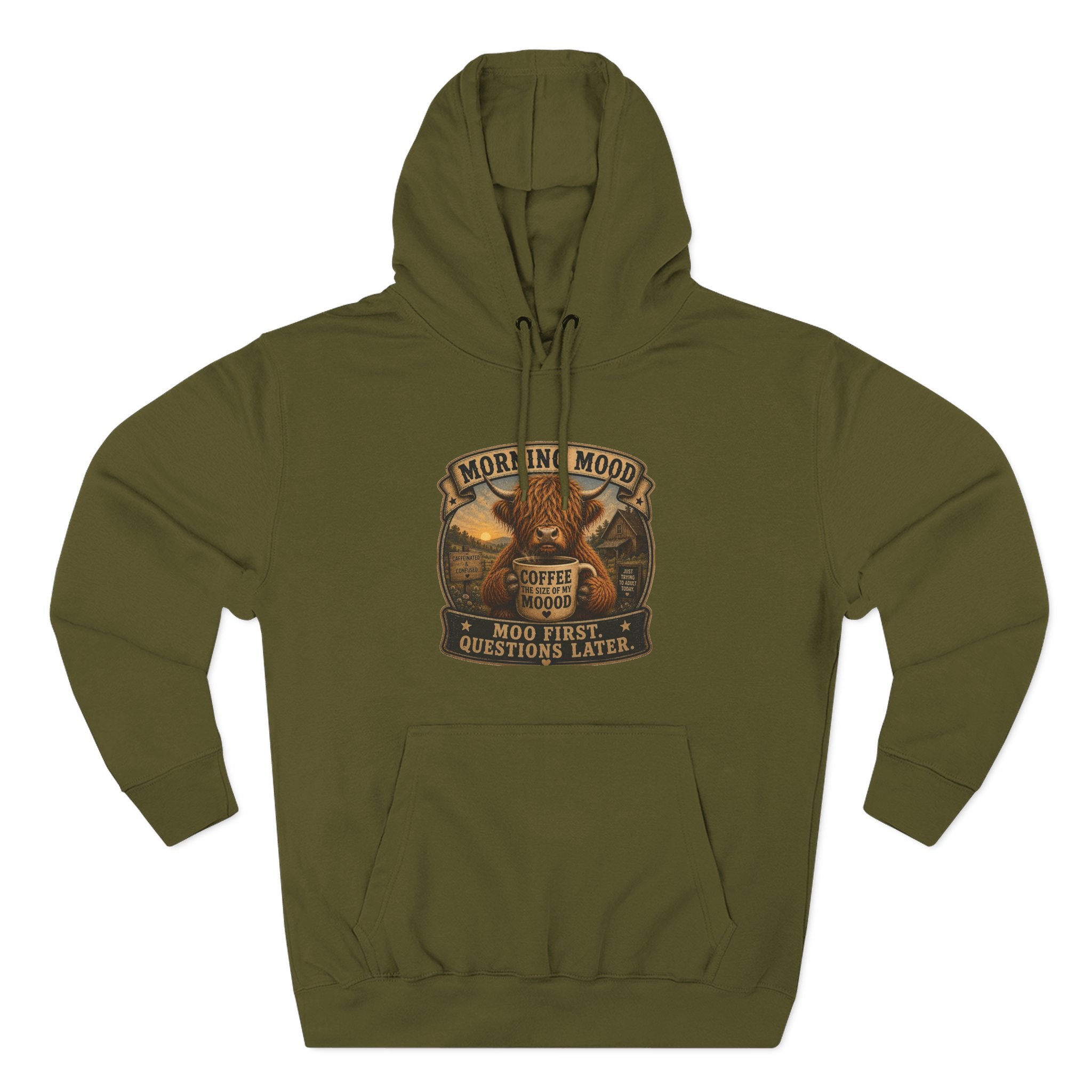 Morning Mood Moo First Questions Later Highland Cow Three-Panel Fleece Hoodie