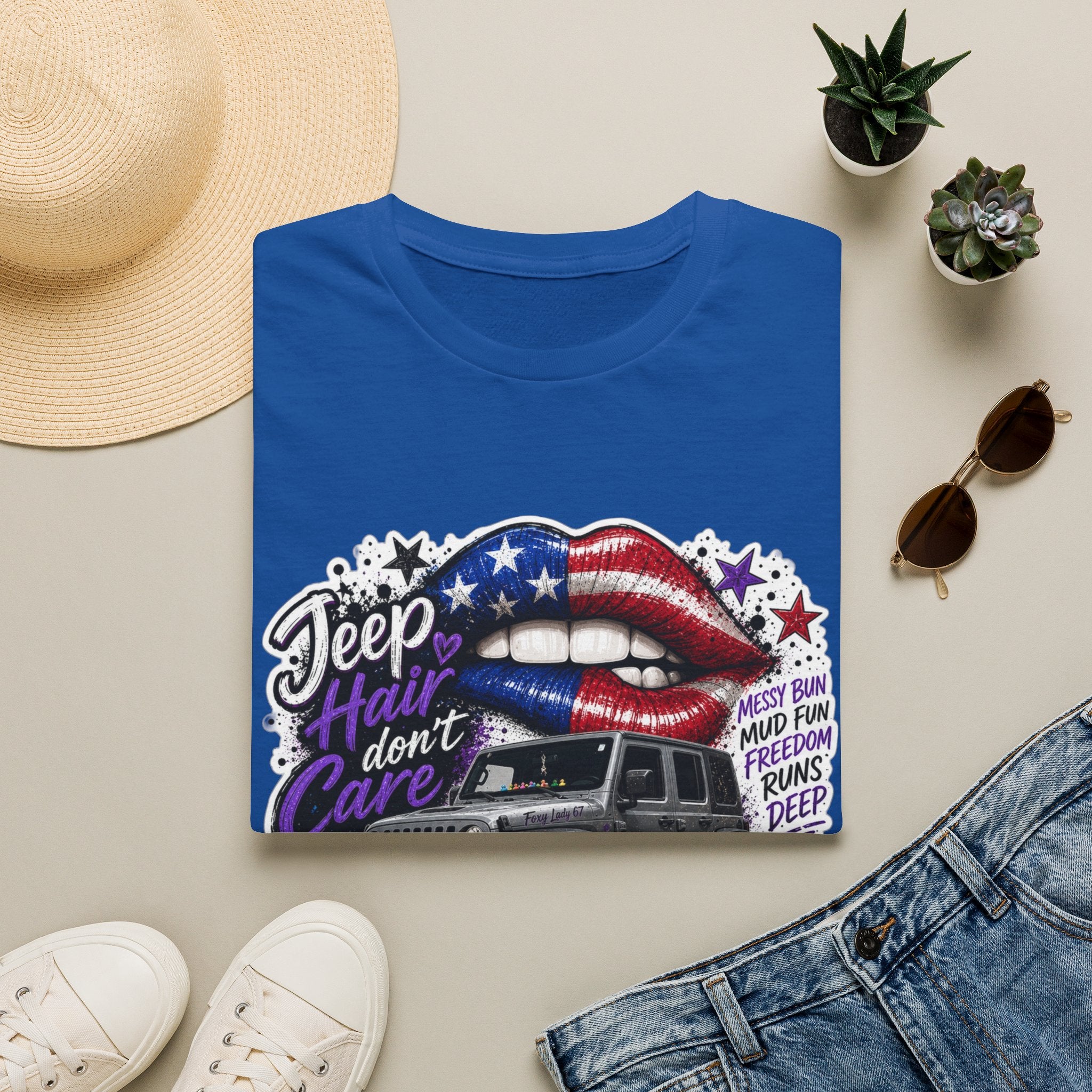 Jeep Hair Don't Care T-Shirt — American Flag Lips Off-Road Truck Tee