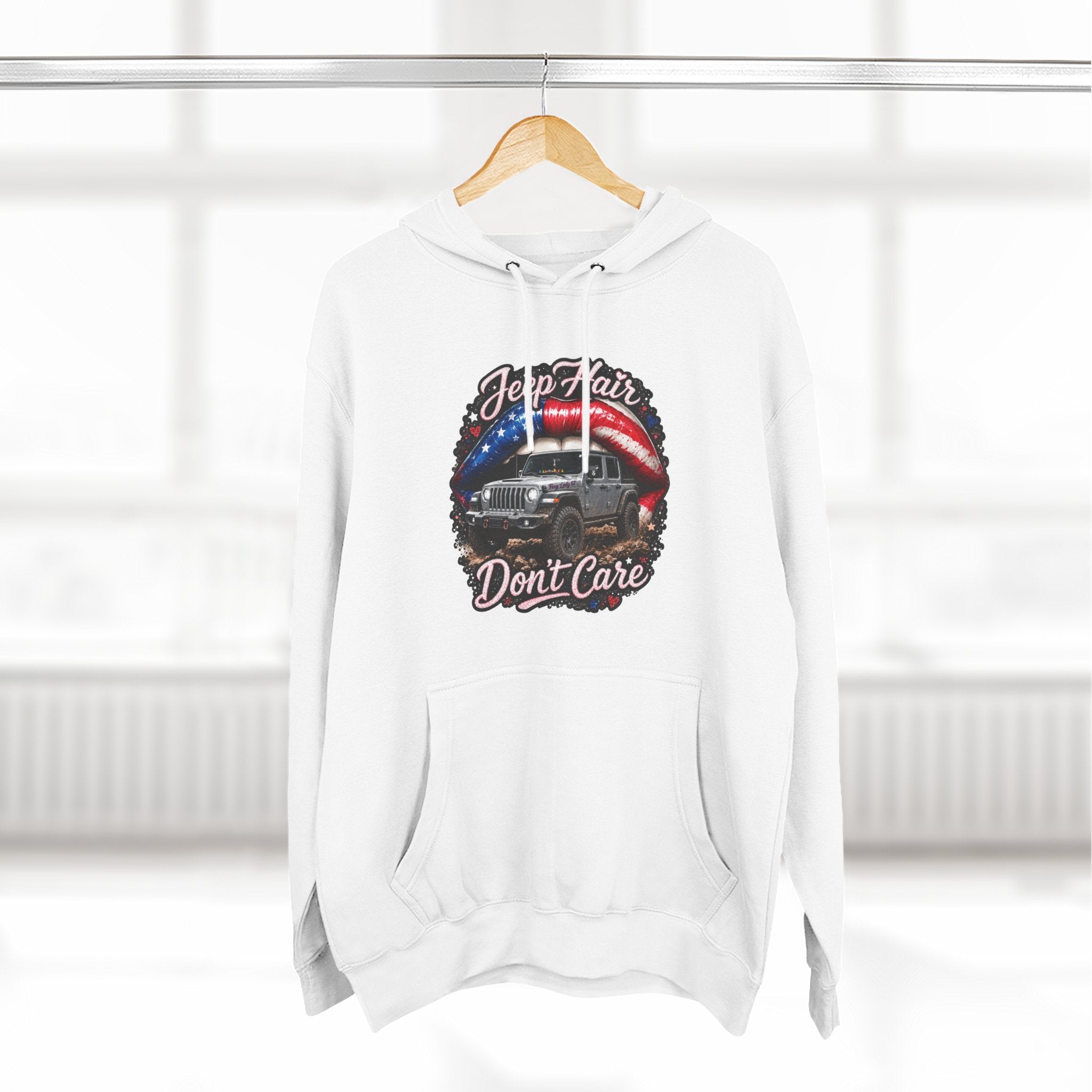 "Jeep Hair Don't Care" Graphic Fleece Pullover - Patriotic Jeep Hoodie