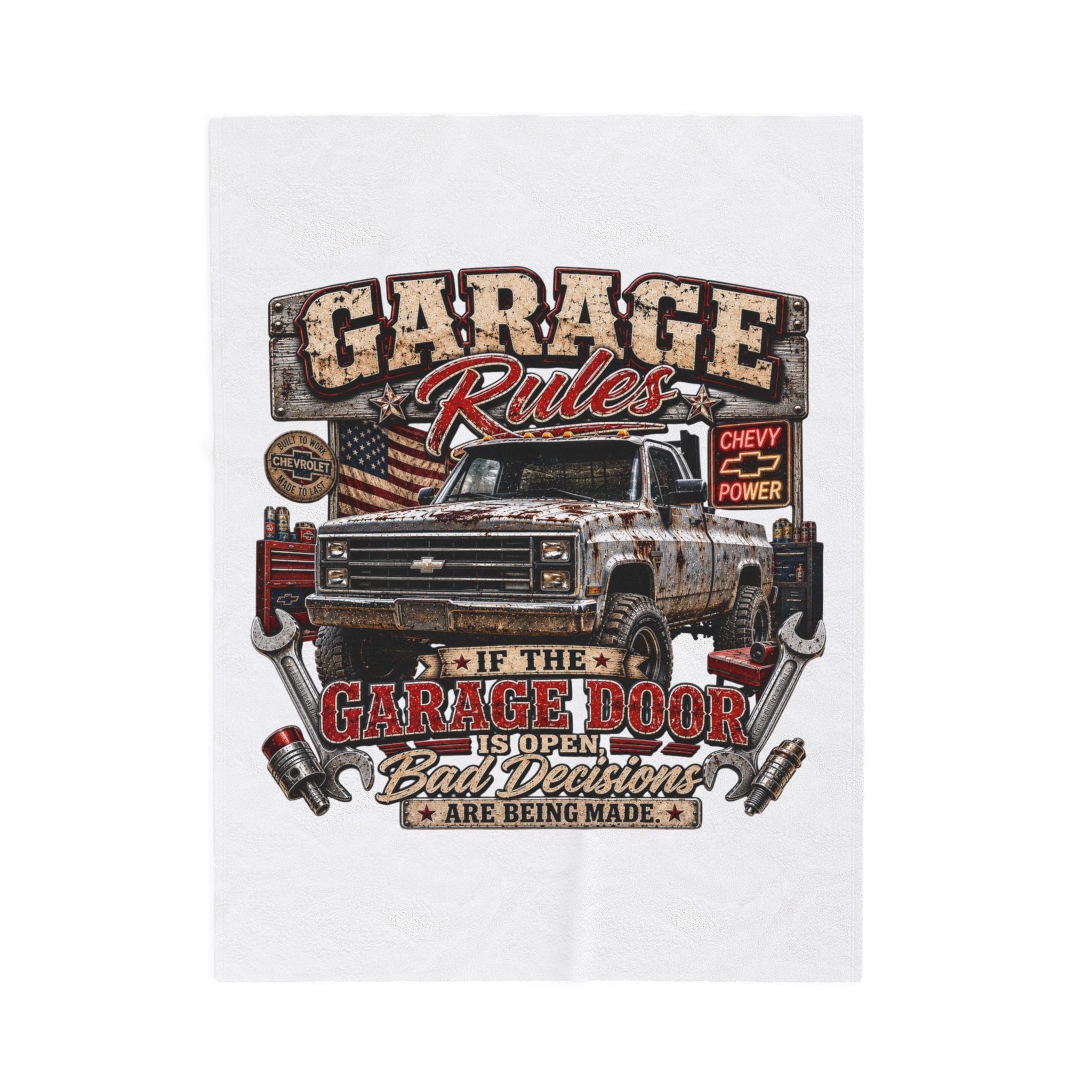 Garage Rules Velveteen Plush Blanket — “If the Garage Door Is Open Bad Decisions Are Being Made” Vintage Truck Design