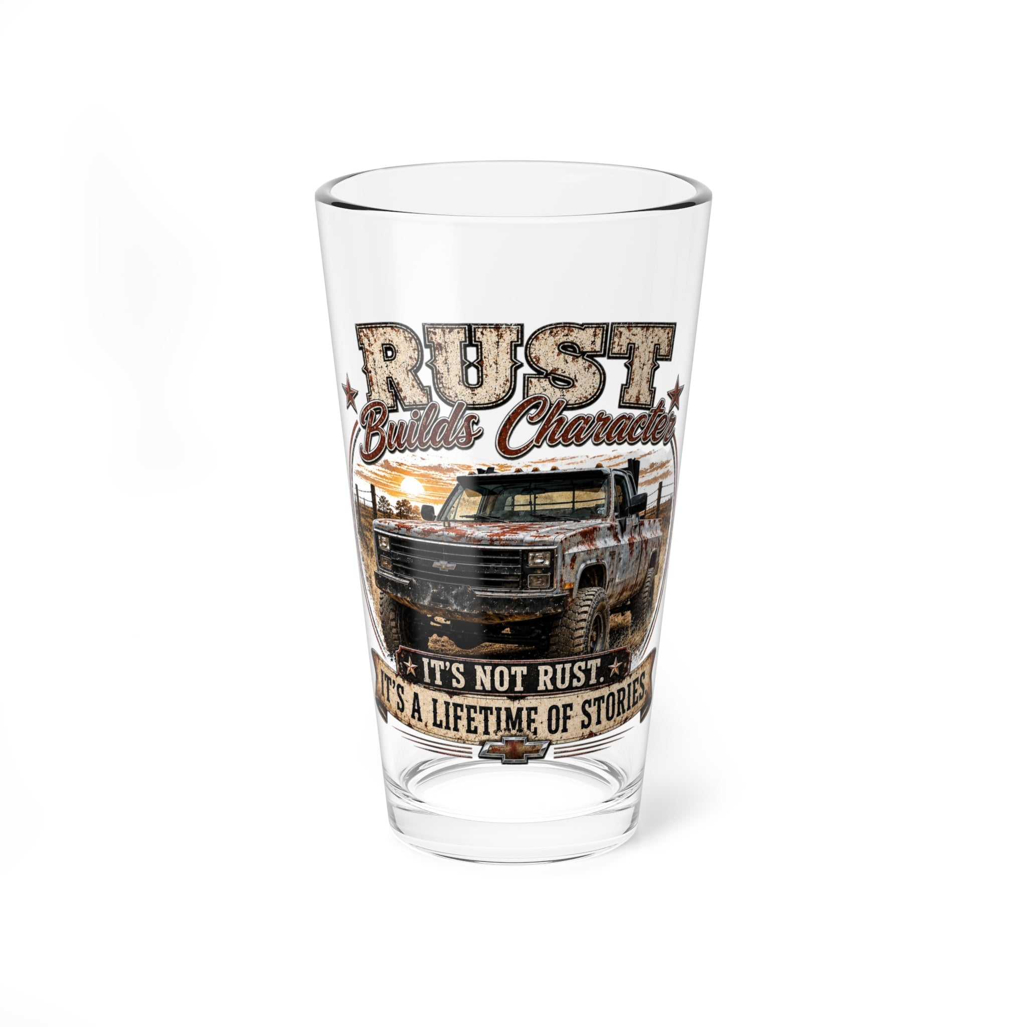 'Rust Builds Character' Vintage Truck 16oz Pint Glass – Mixing Glass