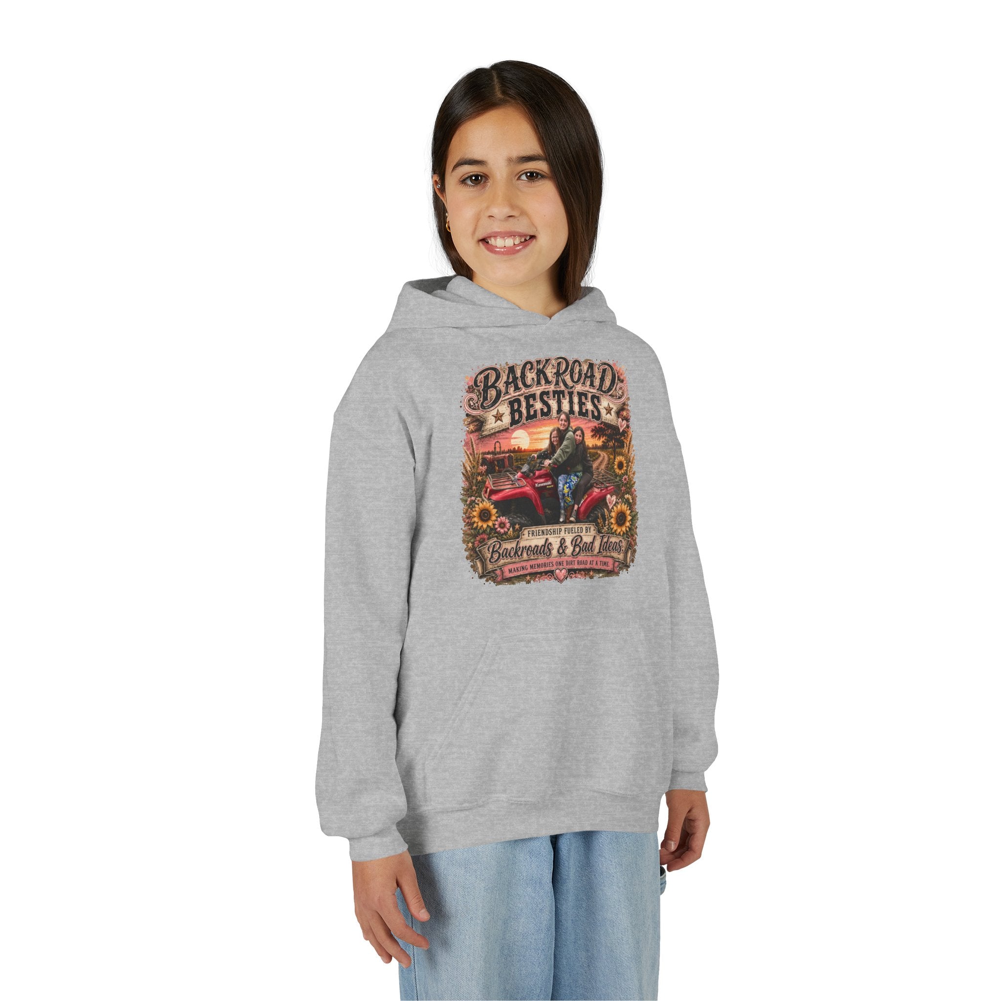 "Backroad Besties" Vintage Truck & Sunflower — Graphic Youth Hoodie