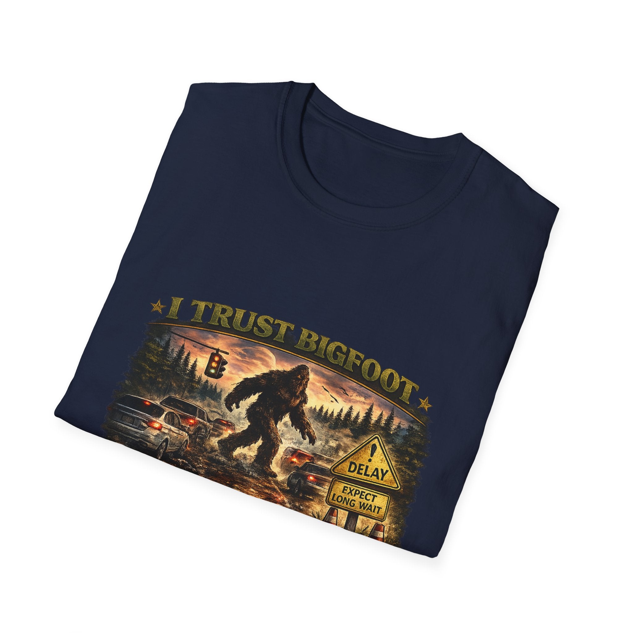 Bigfoot Graphic T-Shirt — "I Trust Bigfoot" Vintage Forest Design