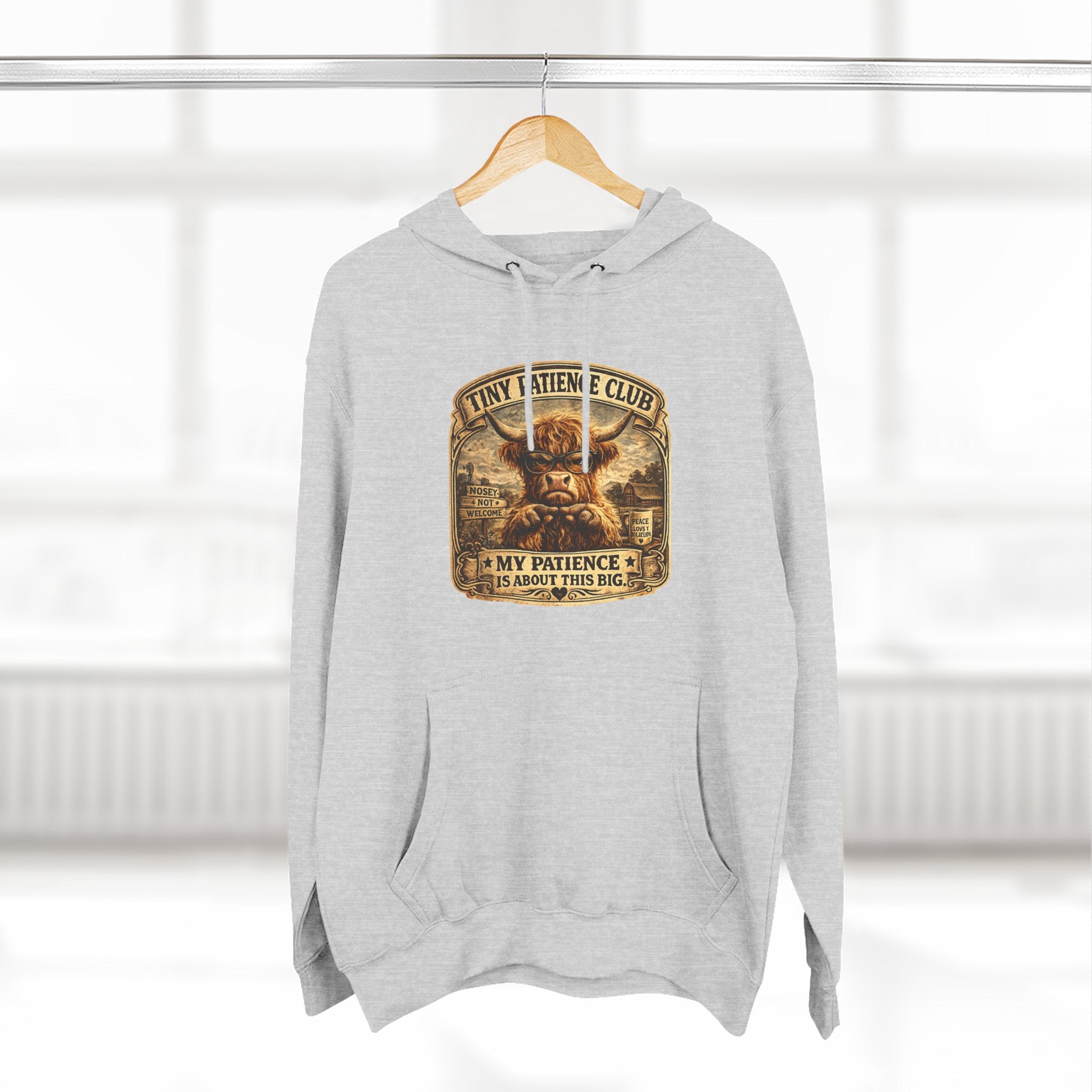 Tiny Patience Club Highland Cow Three-Panel Fleece Hoodie