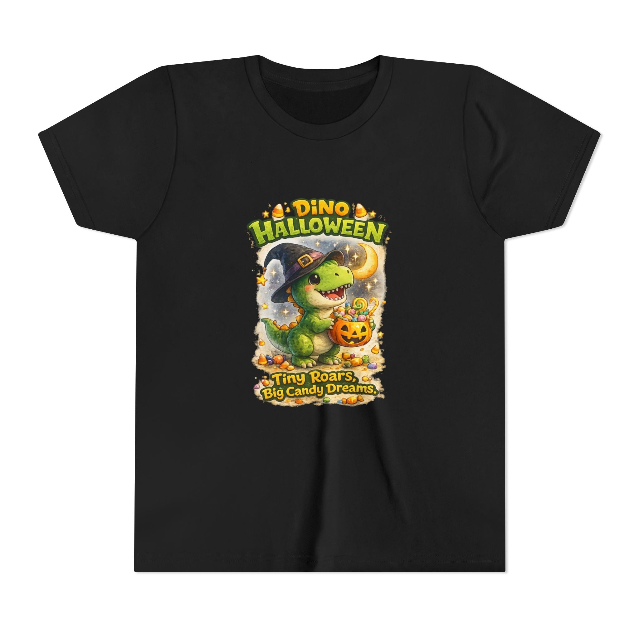 Dino Halloween "Tiny Roars, Big Candy Dreams" Cute Trick-or-Treat T-Shirt - Youth Tee