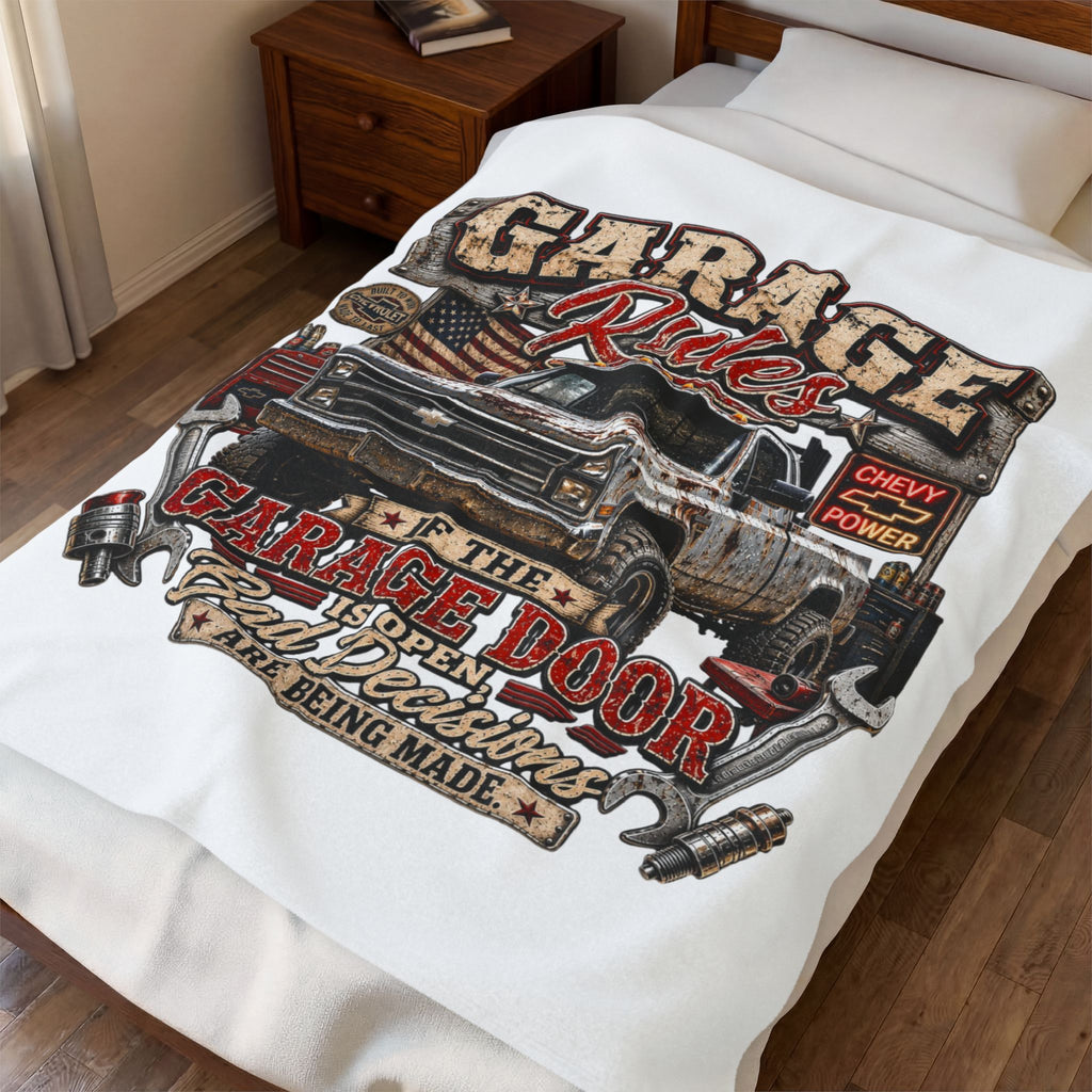 Garage Rules Velveteen Plush Blanket — “If the Garage Door Is Open Bad Decisions Are Being Made” Vintage Truck Design