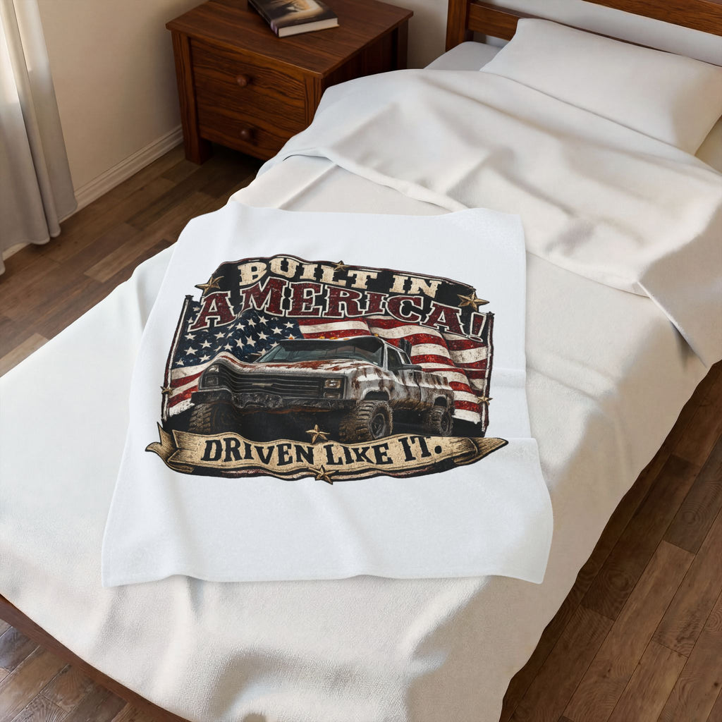 "Built in America! Driven Like It." Vintage Truck & American Flag Throw — Velveteen Plush Blanket