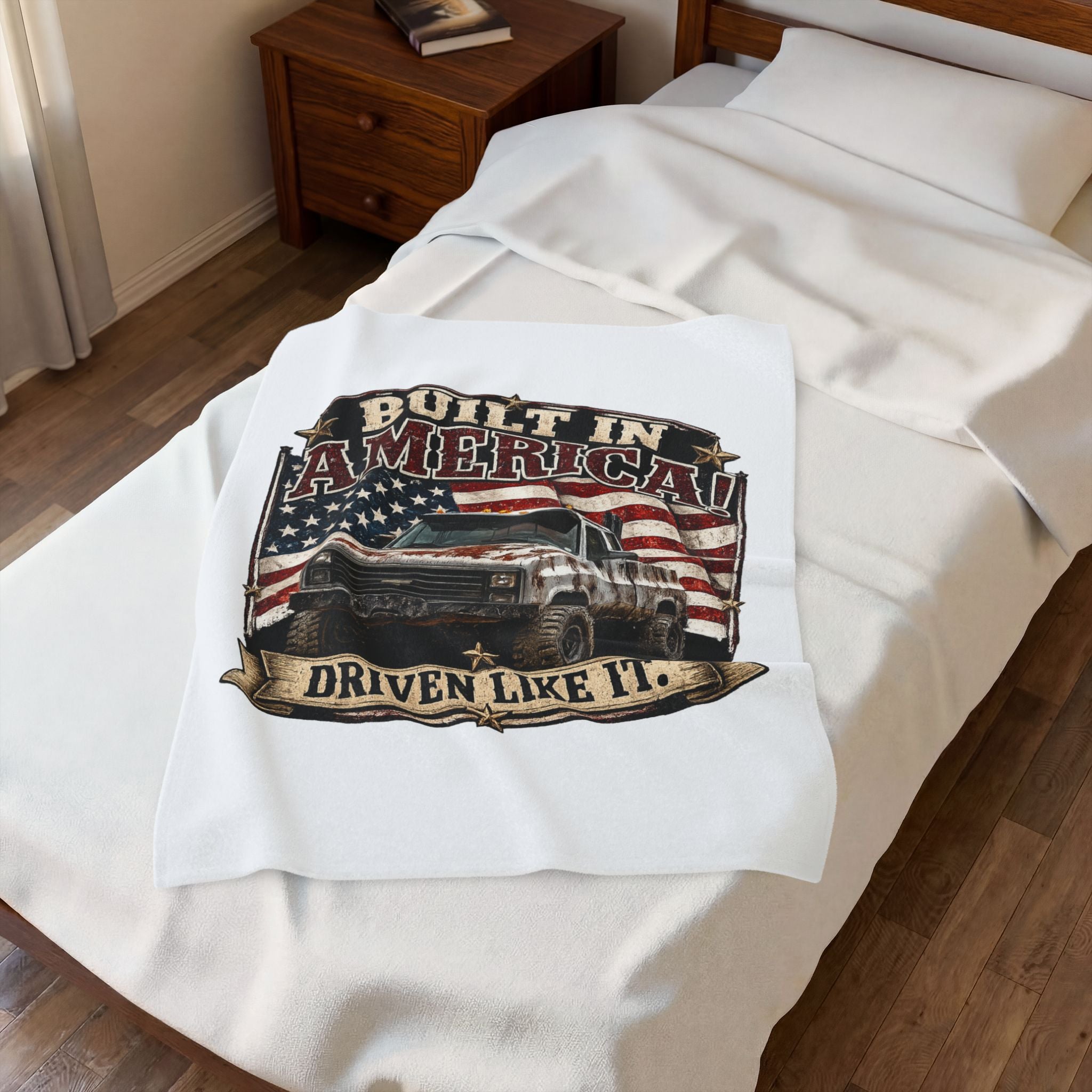 "Built in America! Driven Like It." Vintage Truck & American Flag Throw — Velveteen Plush Blanket