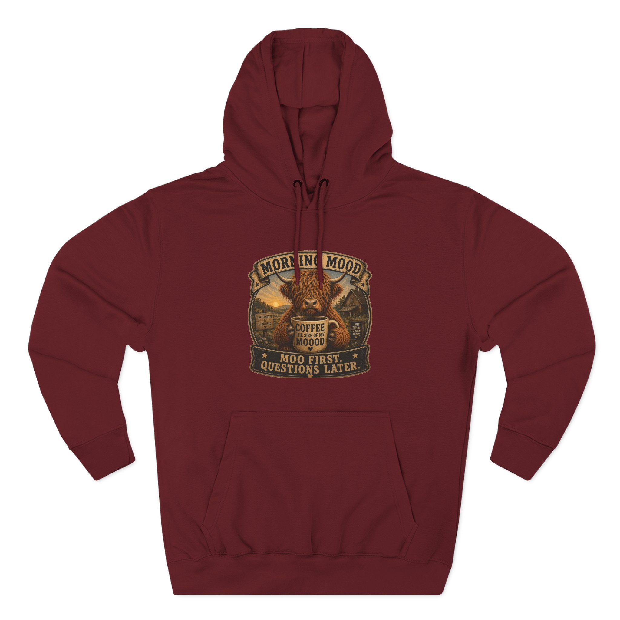 Morning Mood Moo First Questions Later Highland Cow Three-Panel Fleece Hoodie