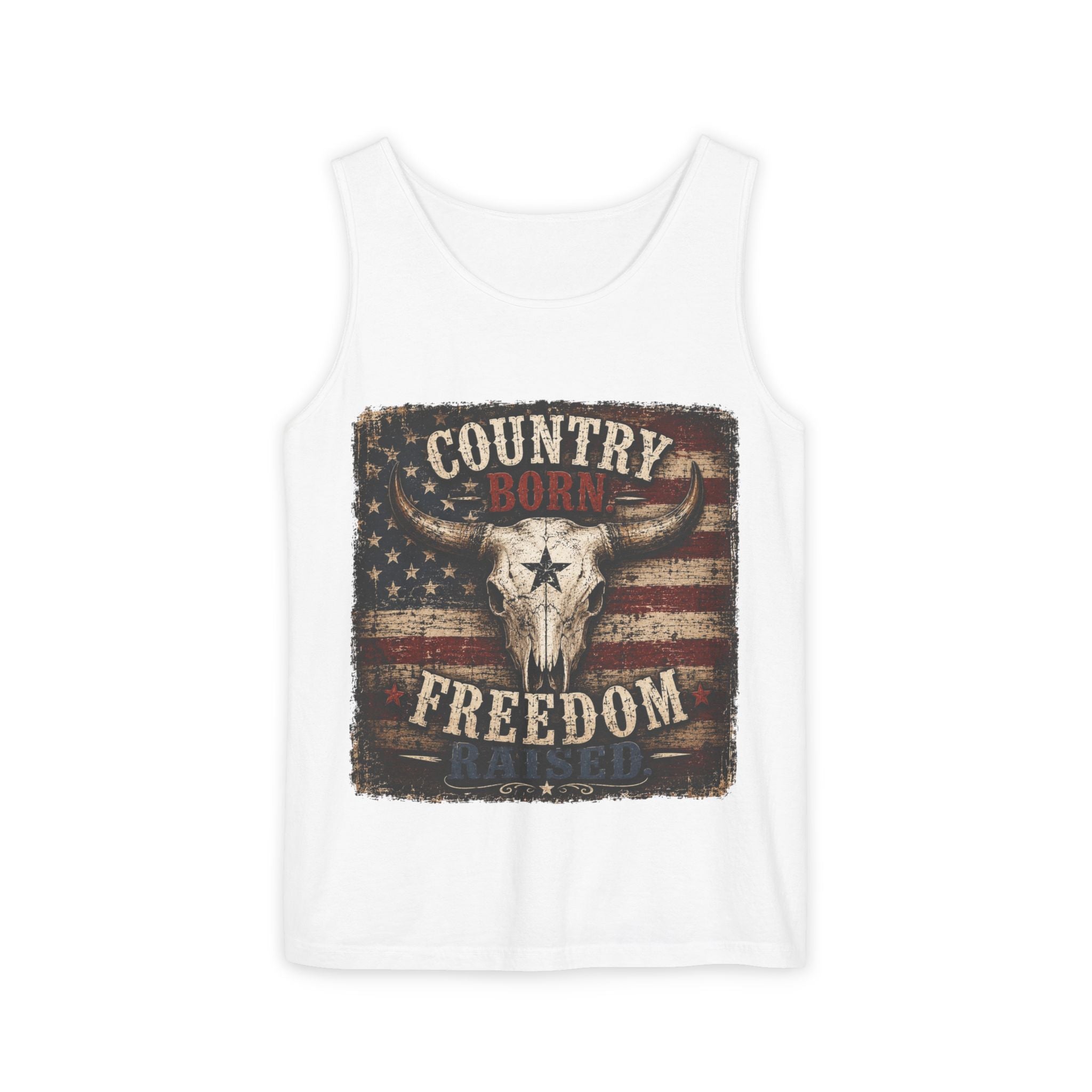 Country Born Freedom Raised Tank Top — Americana Skull Flag Graphic Tank Top