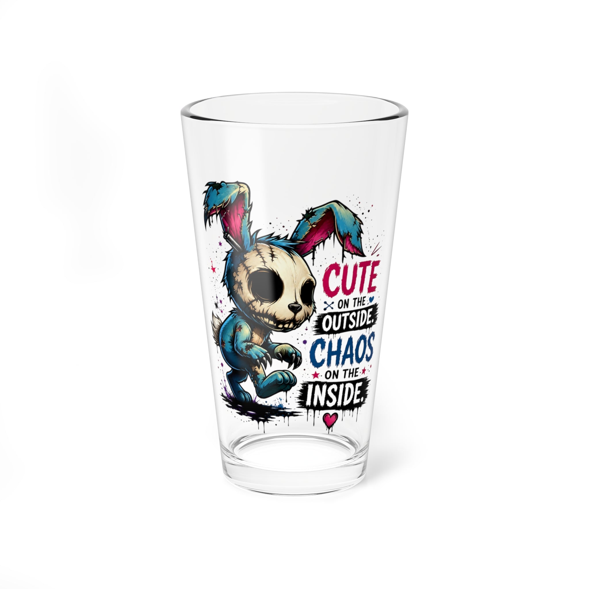"Cute on the Outside, Chaos on the Inside" Skull Bunny Design — 16oz Mixing Glass