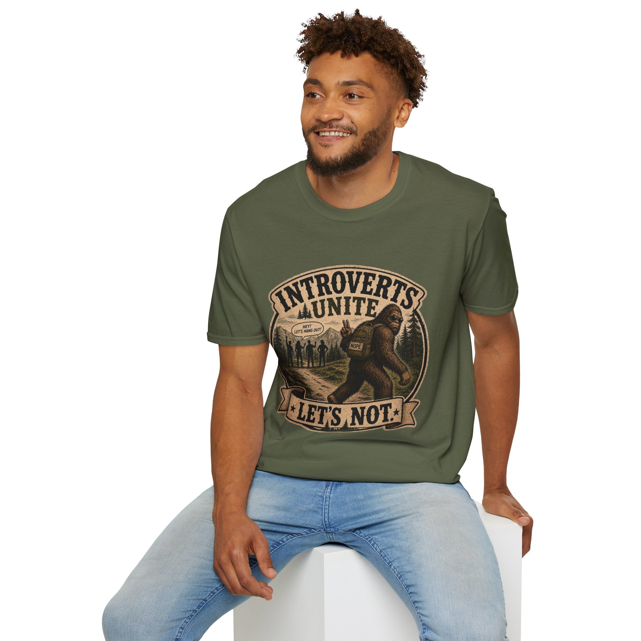 Bigfoot’s Introverts Unite Let's Not T-Shirt — Funny Sasquatch Recalculating Map Tee