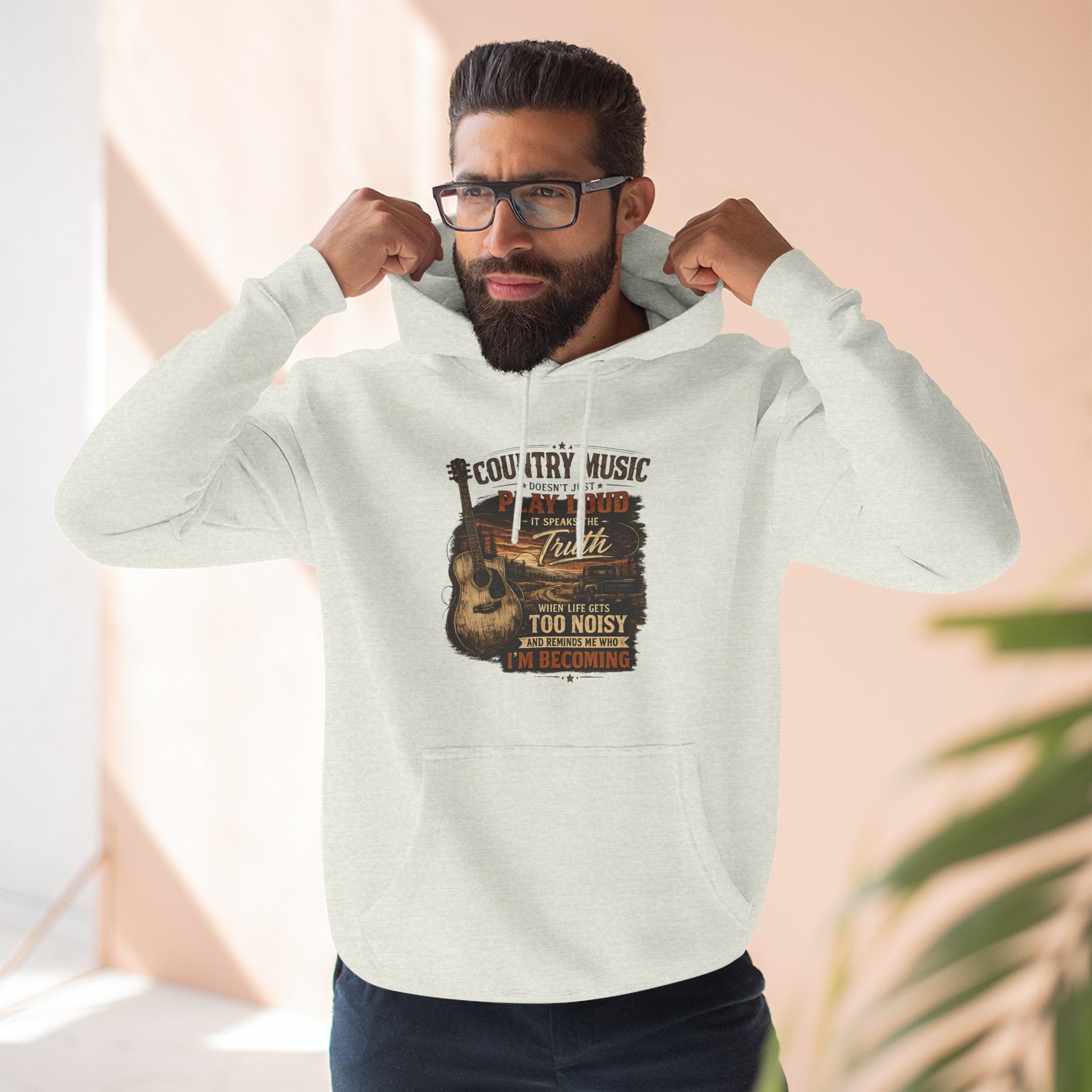 Country Music Guitar Hoodie — "Country Music: Too Loud For The City" Fleece Sweatshirt