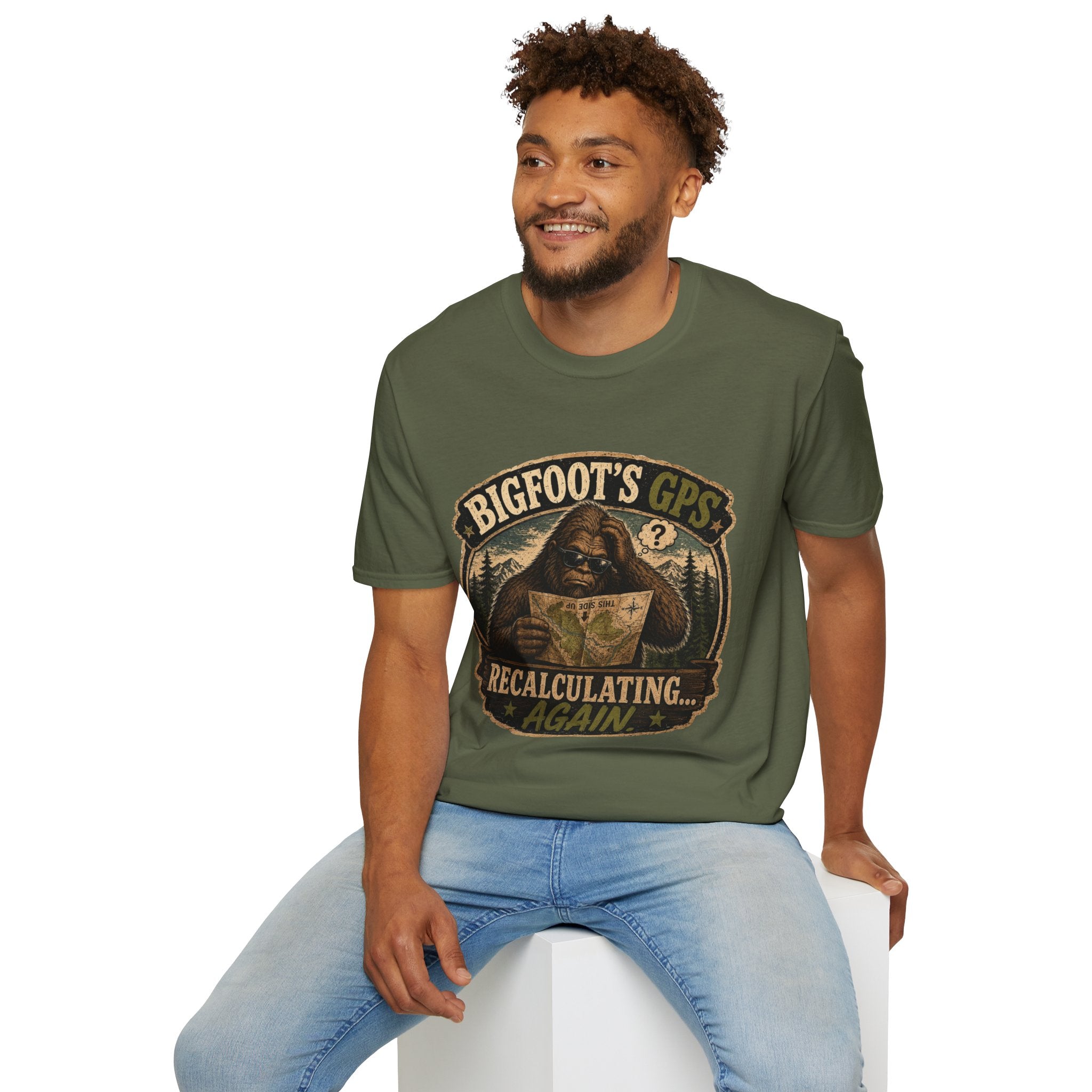 Bigfoot’s GPS T-Shirt — "Recalculating... Again" Retro Sasquatch Graphic Tee