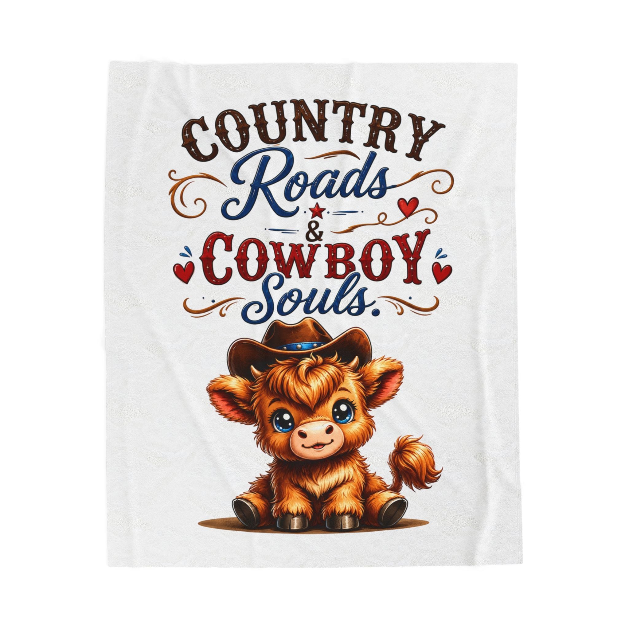 Country Roads & Cowboy Souls Velveteen Plush Blanket – Cute Cow in Cowboy Hat