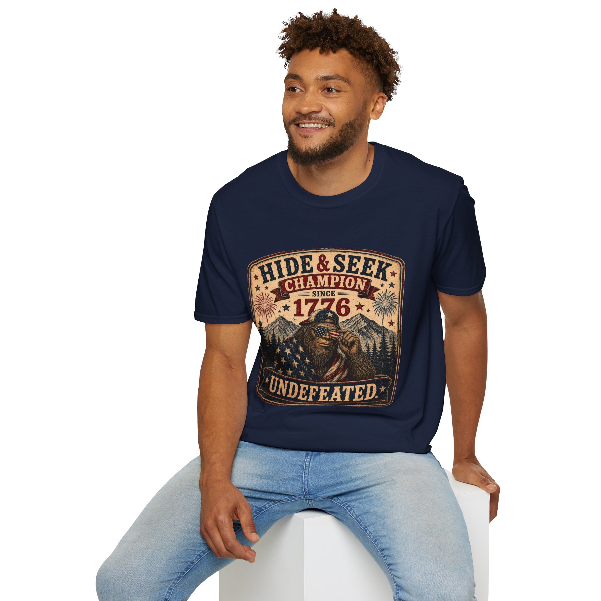 "Hide & Seek Champion Since 1776" Vintage Patriotic Graphic — T-Shirt