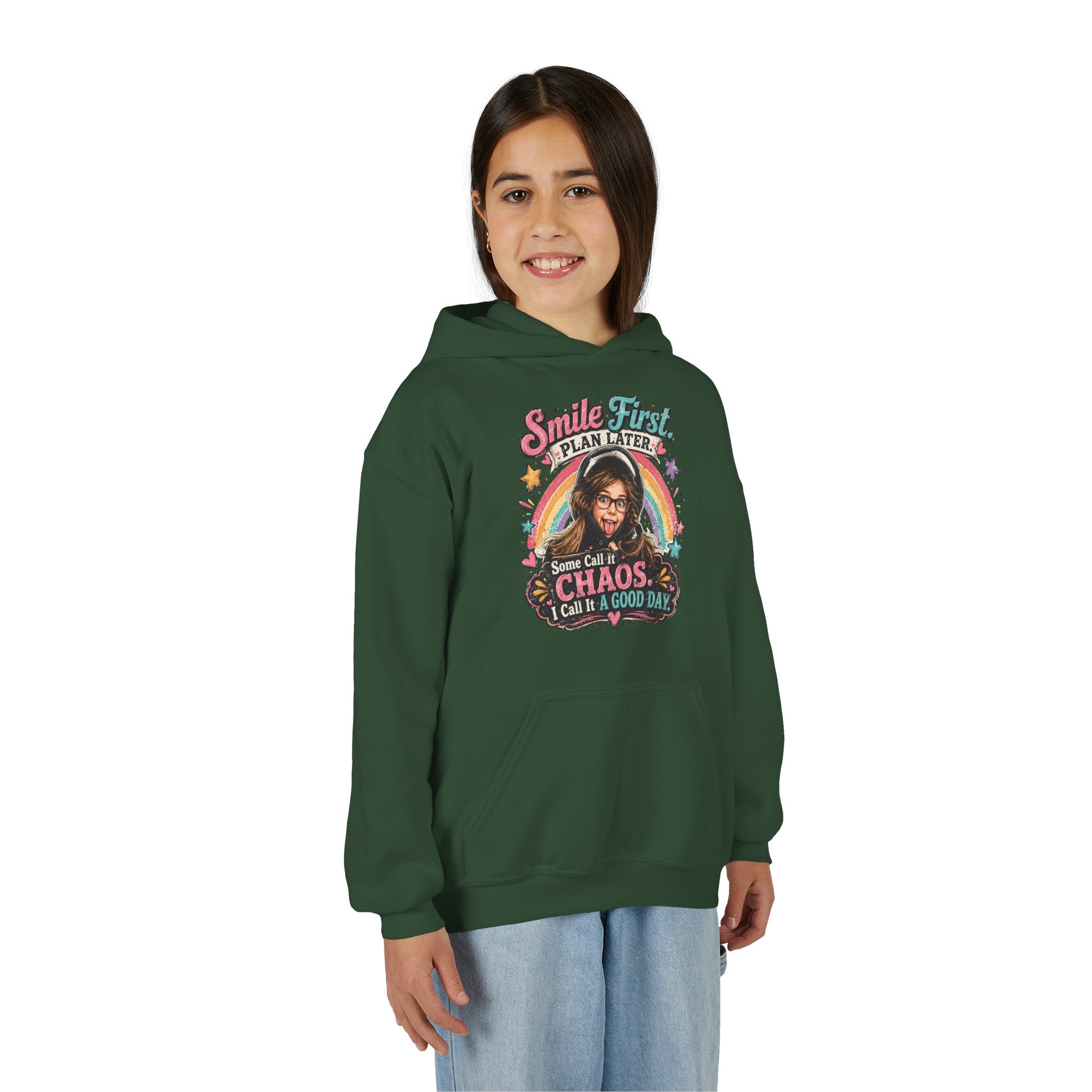 “Smile First, Plan Later” Retro Rainbow Chaos Graphic — Youth Hoodie