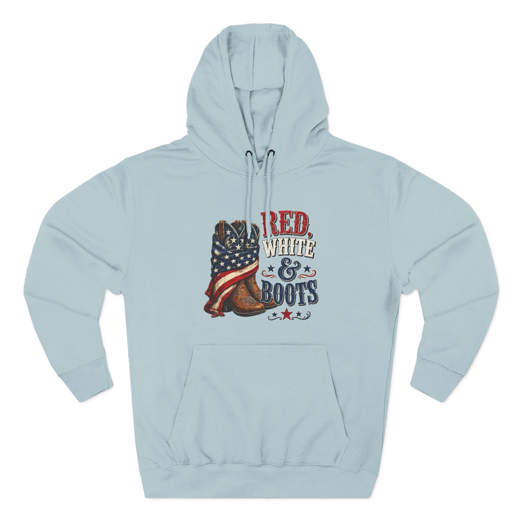 Patriotic 'Red White & Boots' Hoodie — American Flag Cowboy Boots Pullover