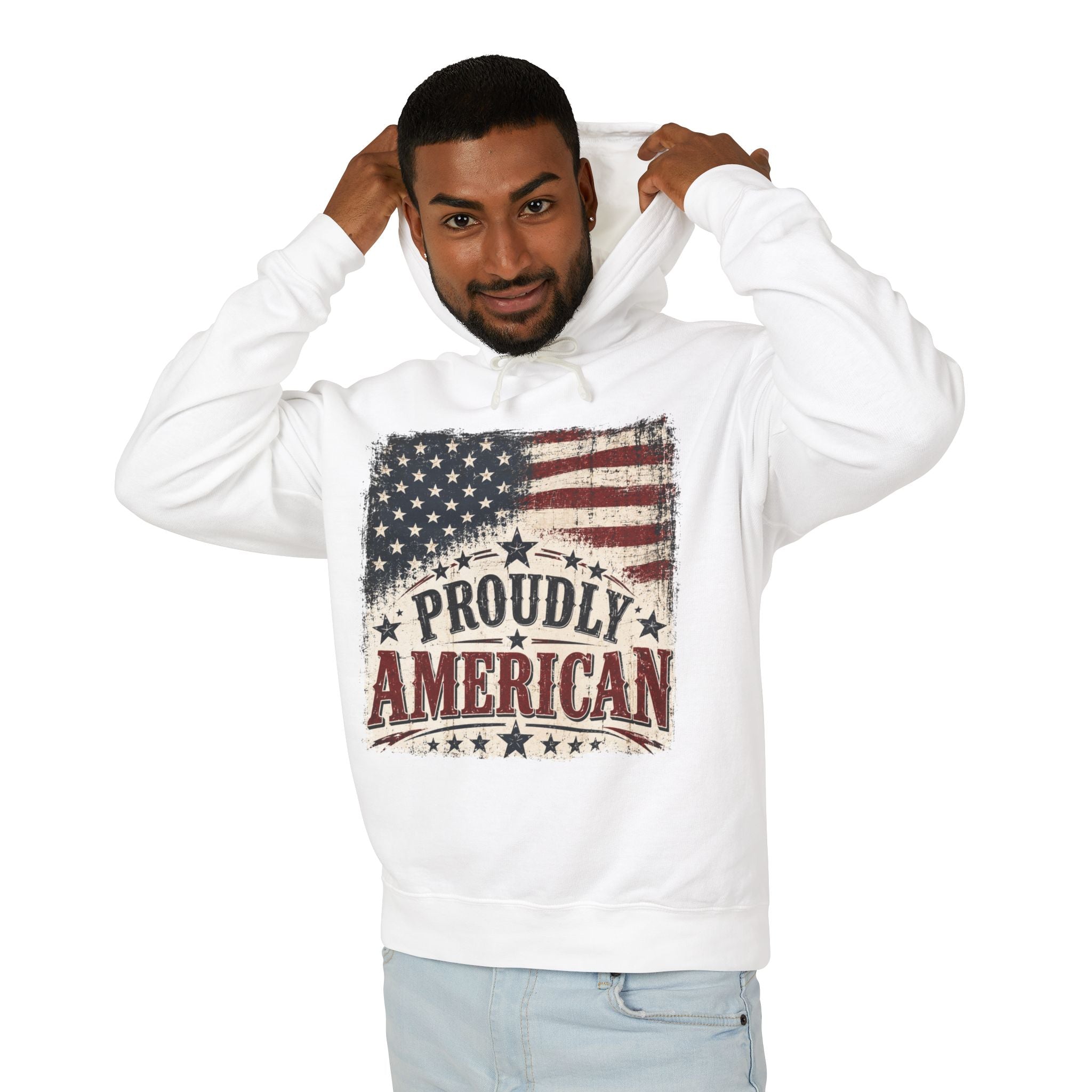 Proudly American Flag Hoodie — Patriotic USA Pullover for Fourth of July