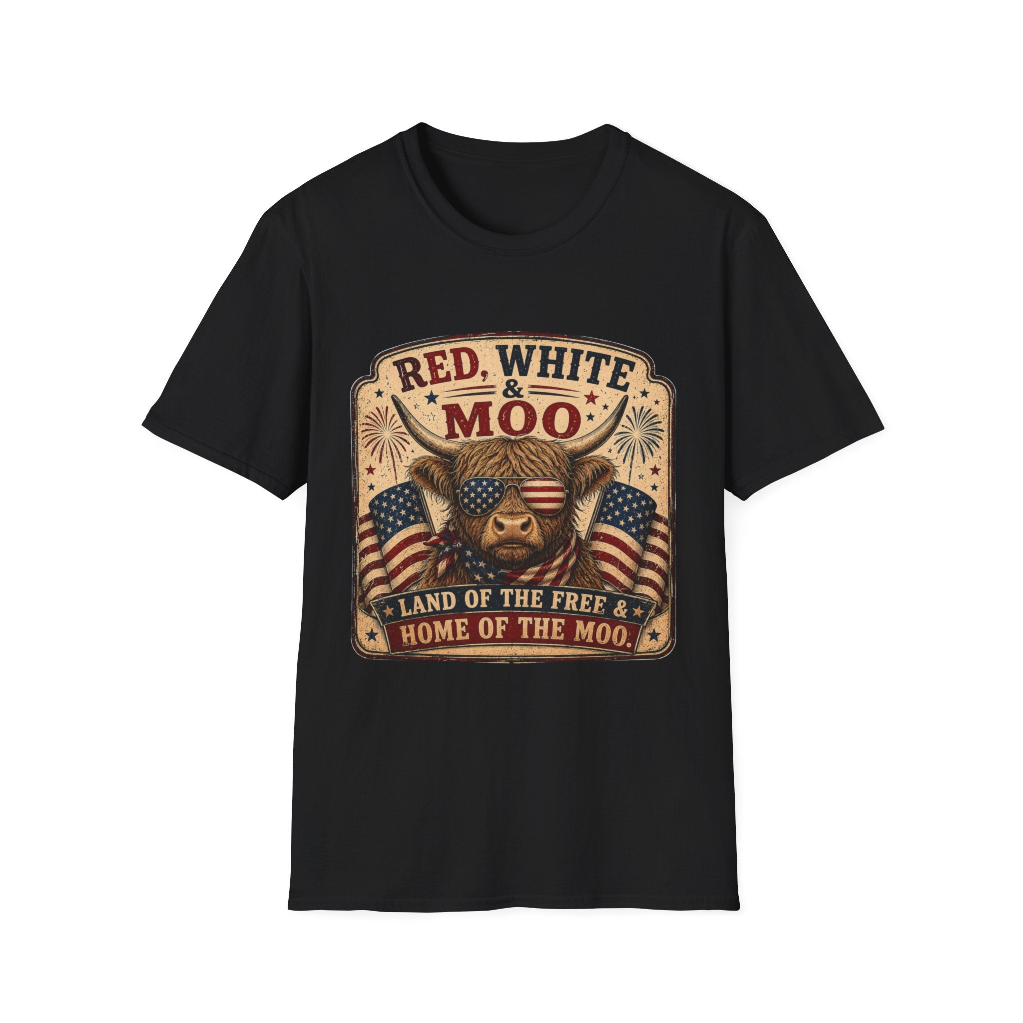 Red, White, & Moo Highland Cow Unisex Softstyle T-Shirt