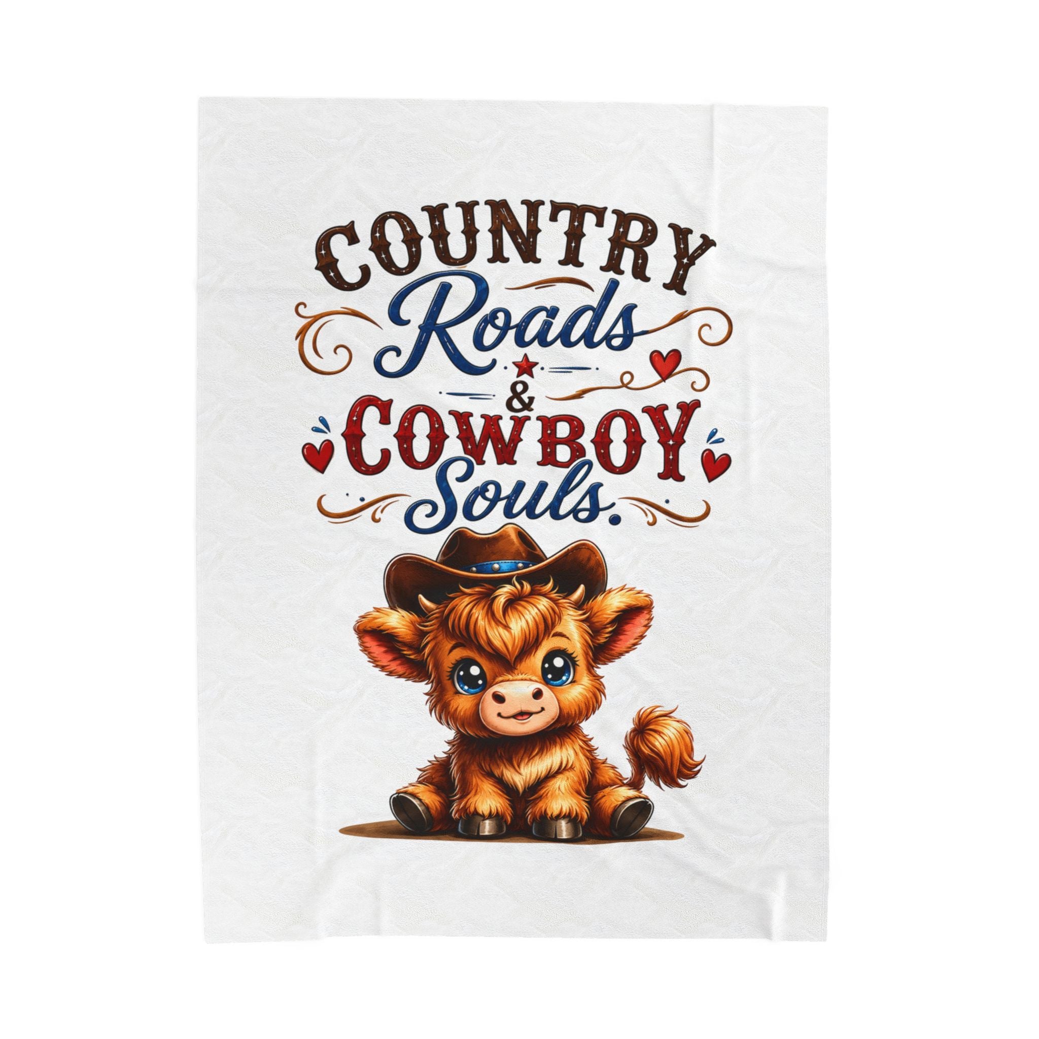 Country Roads & Cowboy Souls Velveteen Plush Blanket – Cute Cow in Cowboy Hat