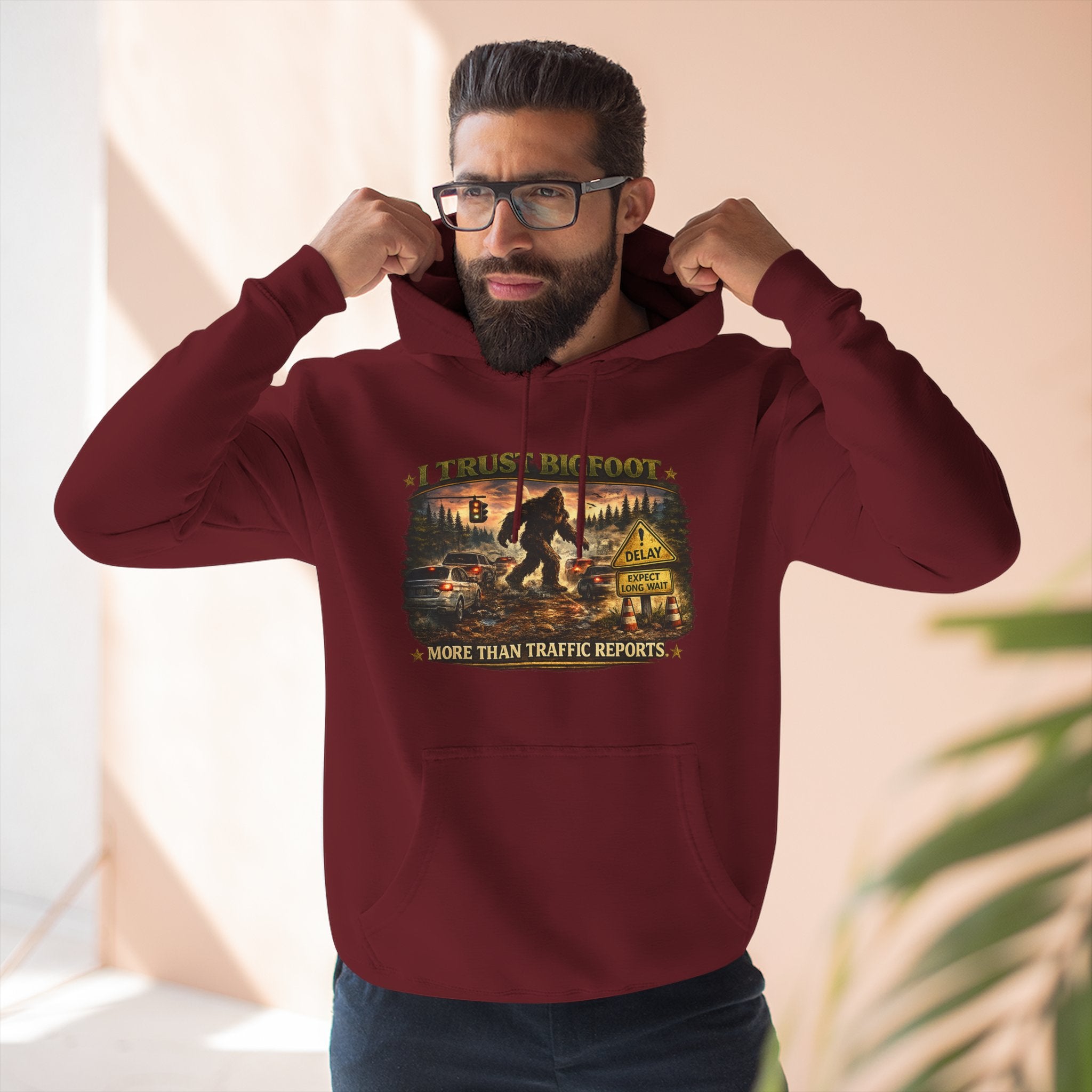 Bigfoot Forest Hoodie - "More Than Traffic Reports" Retro Sasquatch Graphic Hoodie