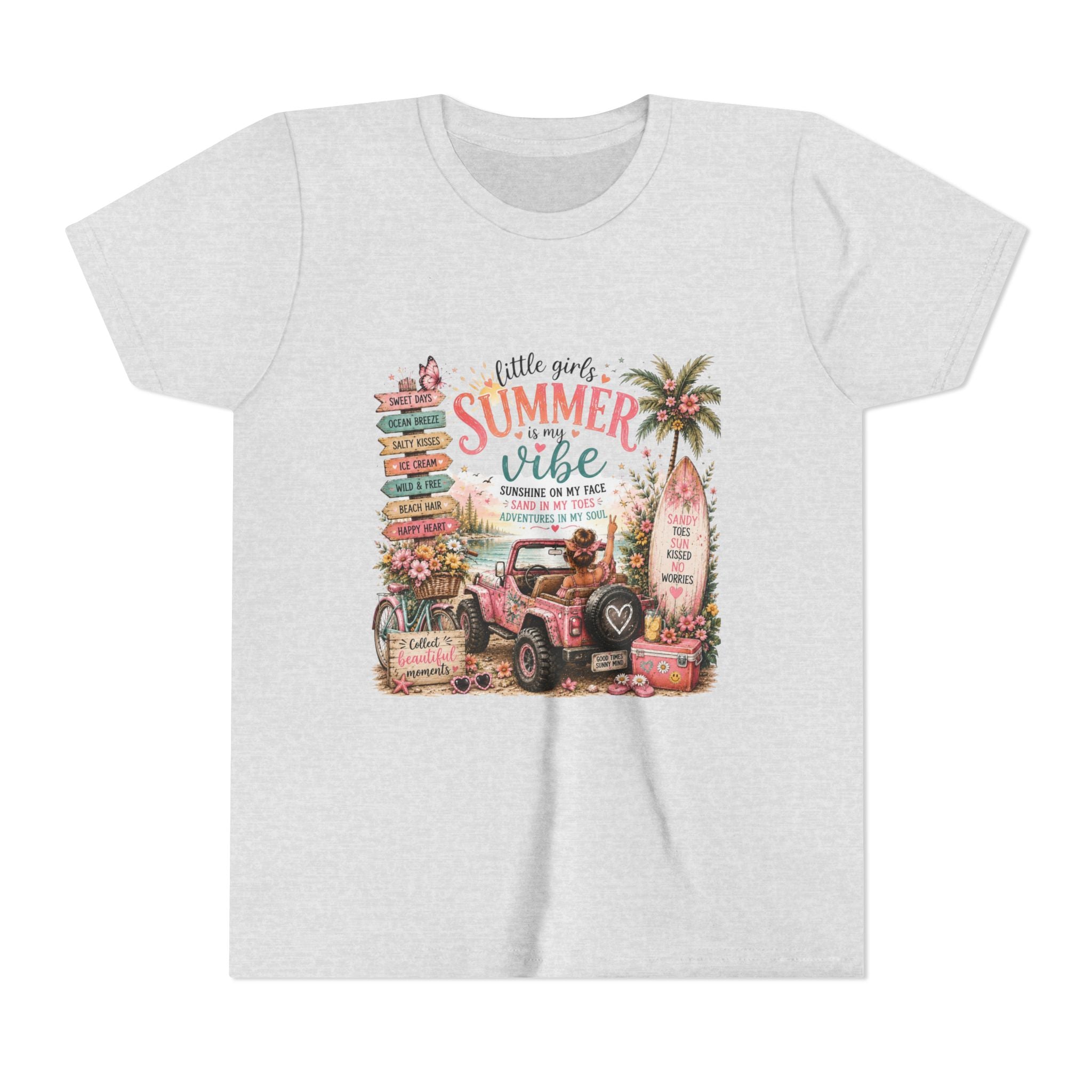 "Little Girls Summer Vibe" Tropical Jeep Surfboard Beach Graphic - Youth Tee