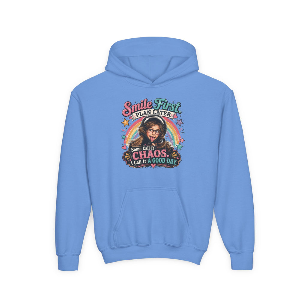 “Smile First, Plan Later” Retro Rainbow Chaos Graphic — Youth Hoodie