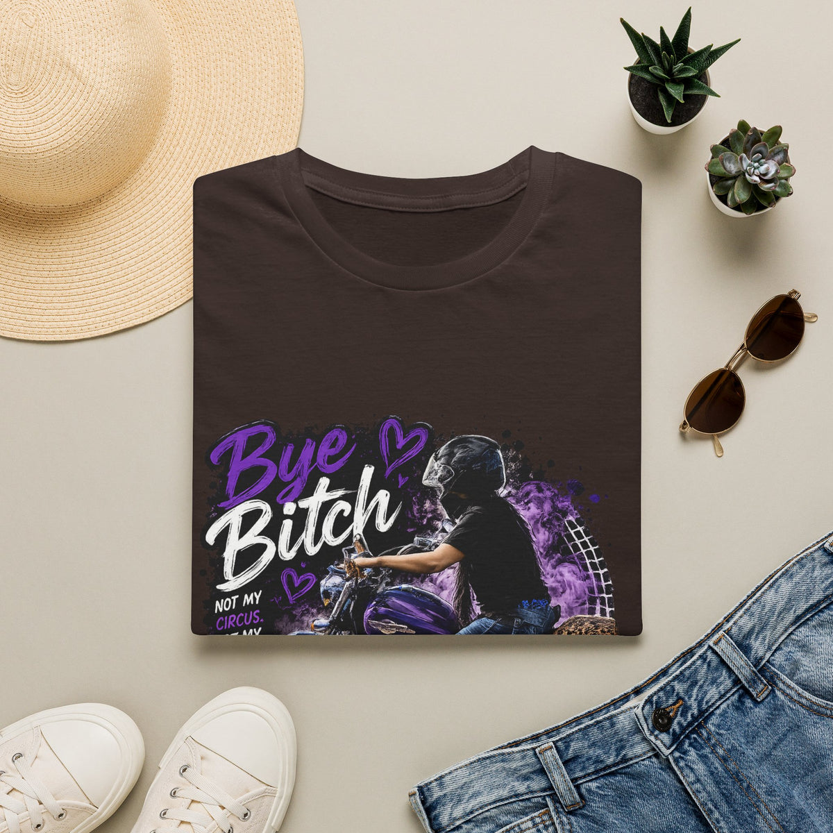 "Bue Bitch" Purple Motorcycle Design – Biker Babe Graphic T‑Shirt