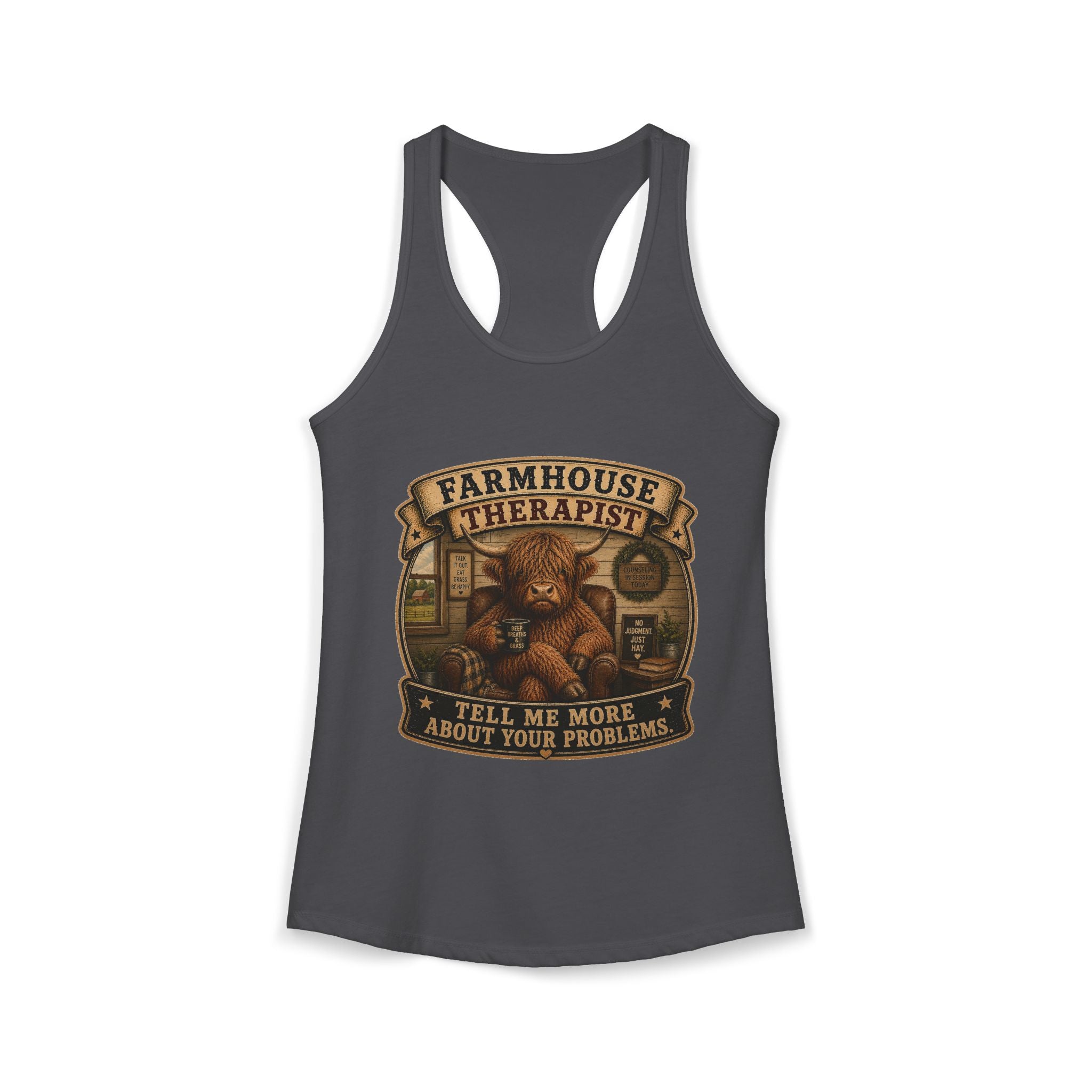 Farmhouse Therapist Highland Cow Women's Ideal Racerback Tank