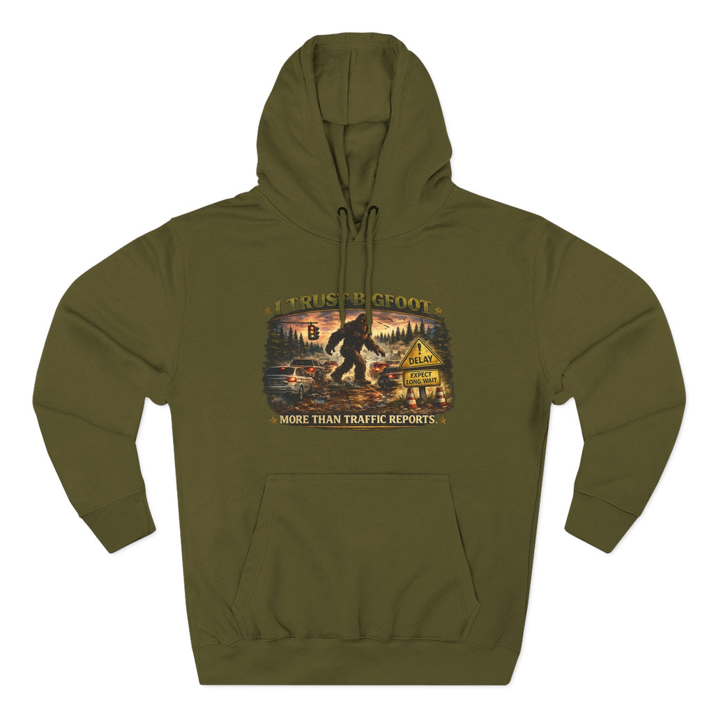 Bigfoot Forest Hoodie - "More Than Traffic Reports" Retro Sasquatch Graphic Hoodie