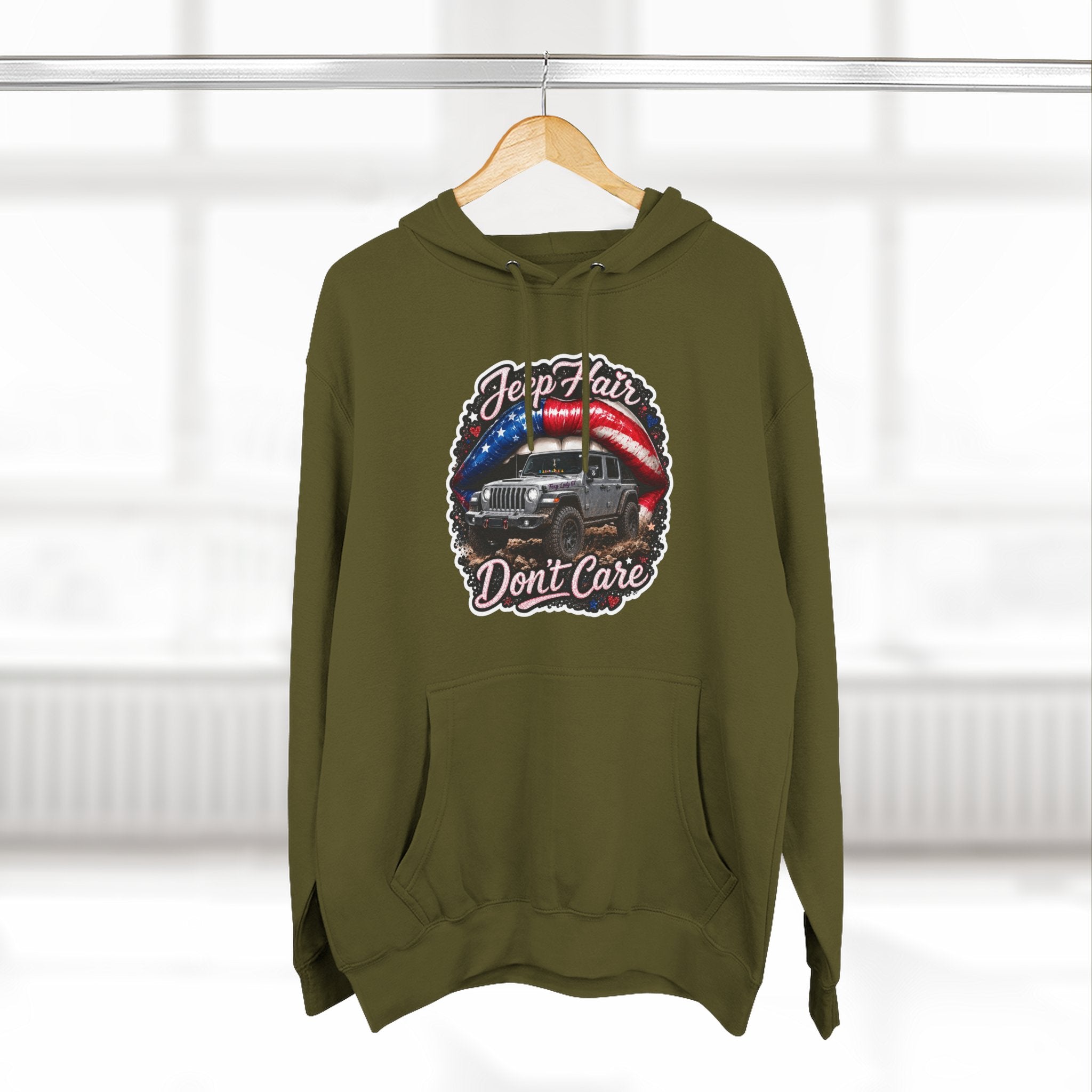 "Jeep Hair Don't Care" Graphic Fleece Pullover - Patriotic Jeep Hoodie