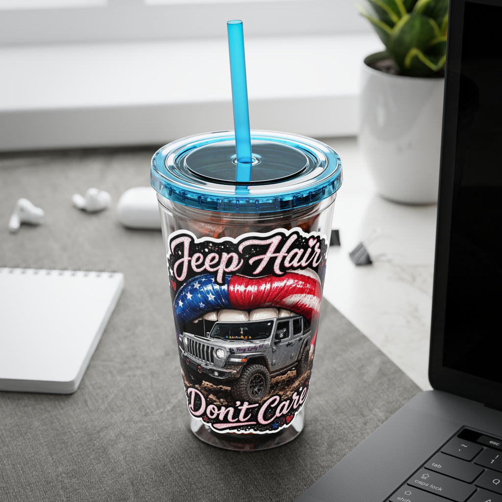 Jeep Hair Don't Care 16oz Tumbler with Straw — Patriotic Off-Road Truck Design